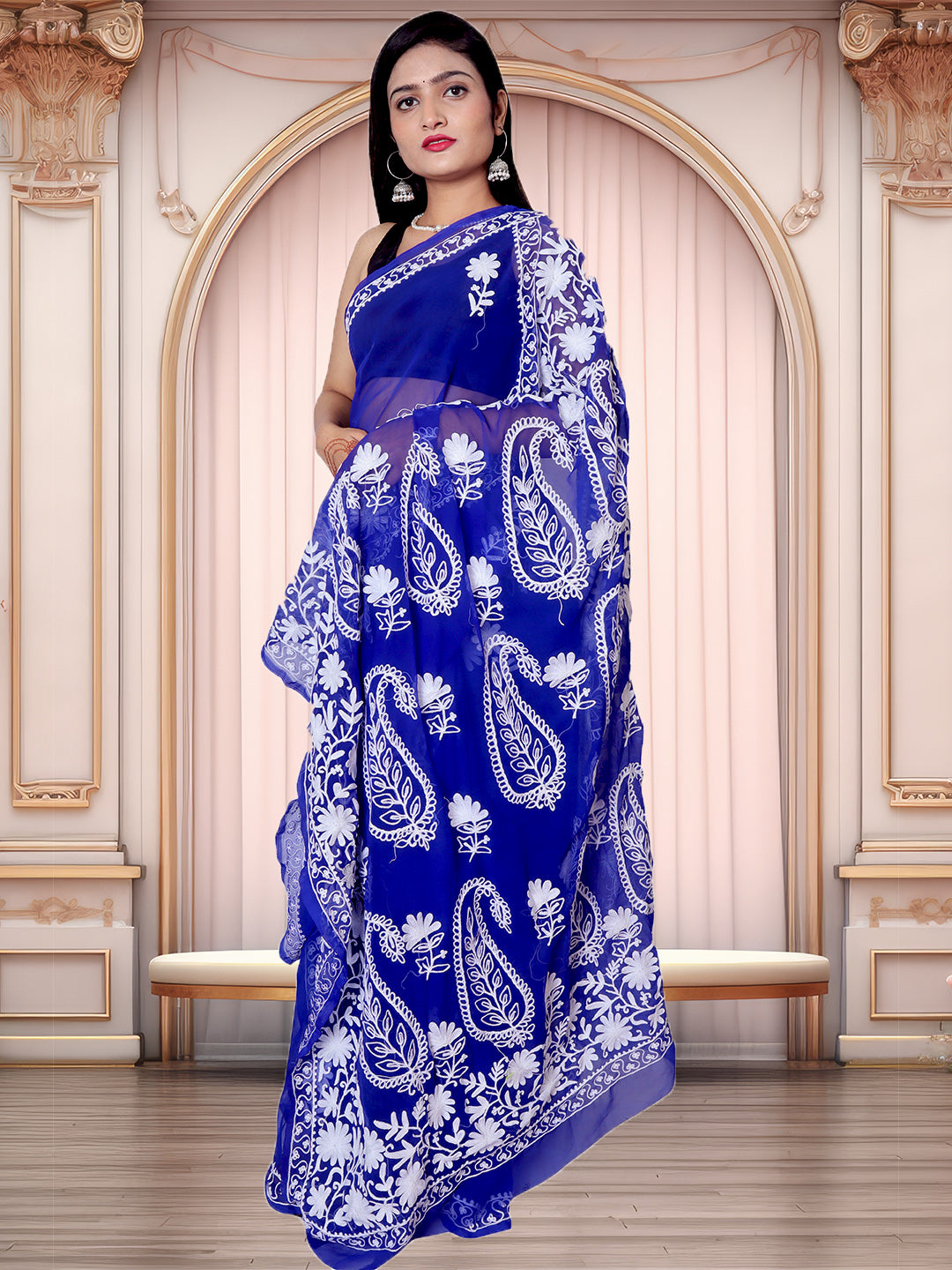 Fancy Butta Design Pallu Chikankari Embroidery Royal Blue Saree