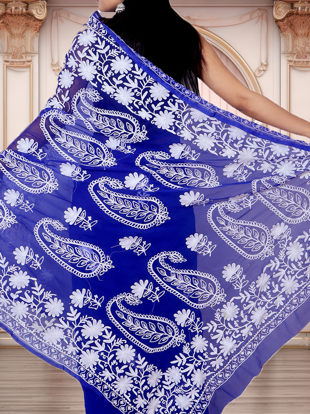 Fancy Butta Design Pallu Chikankari Embroidery Royal Blue Saree