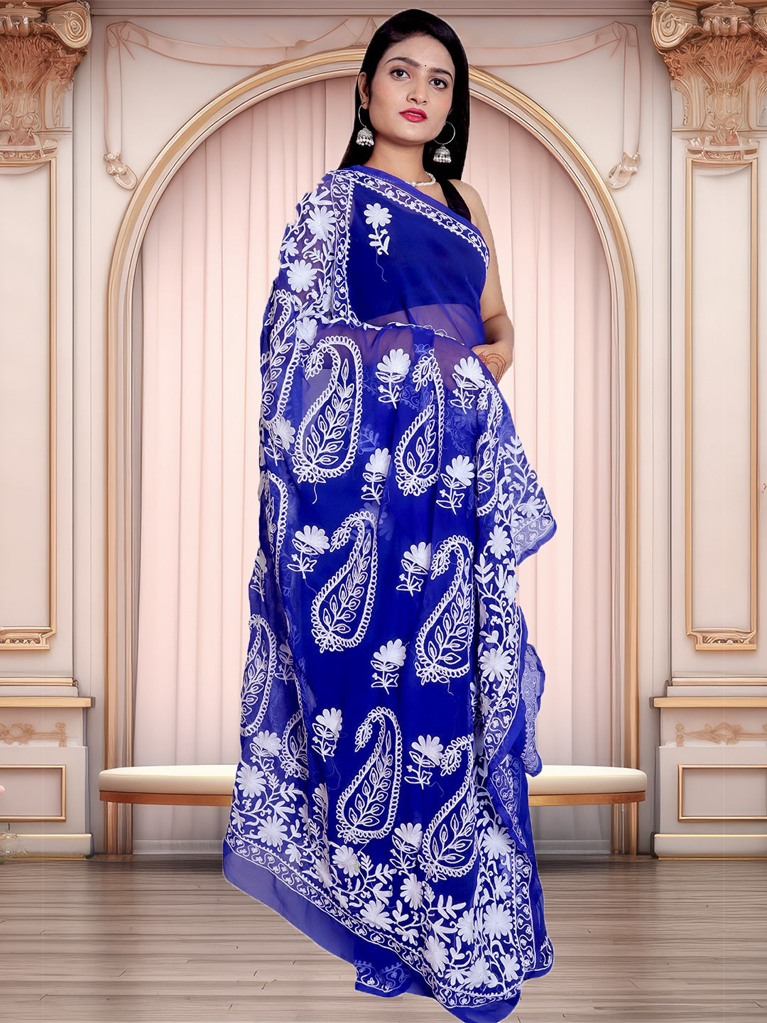 Fancy Butta Design Pallu Chikankari Embroidery Royal Blue Saree