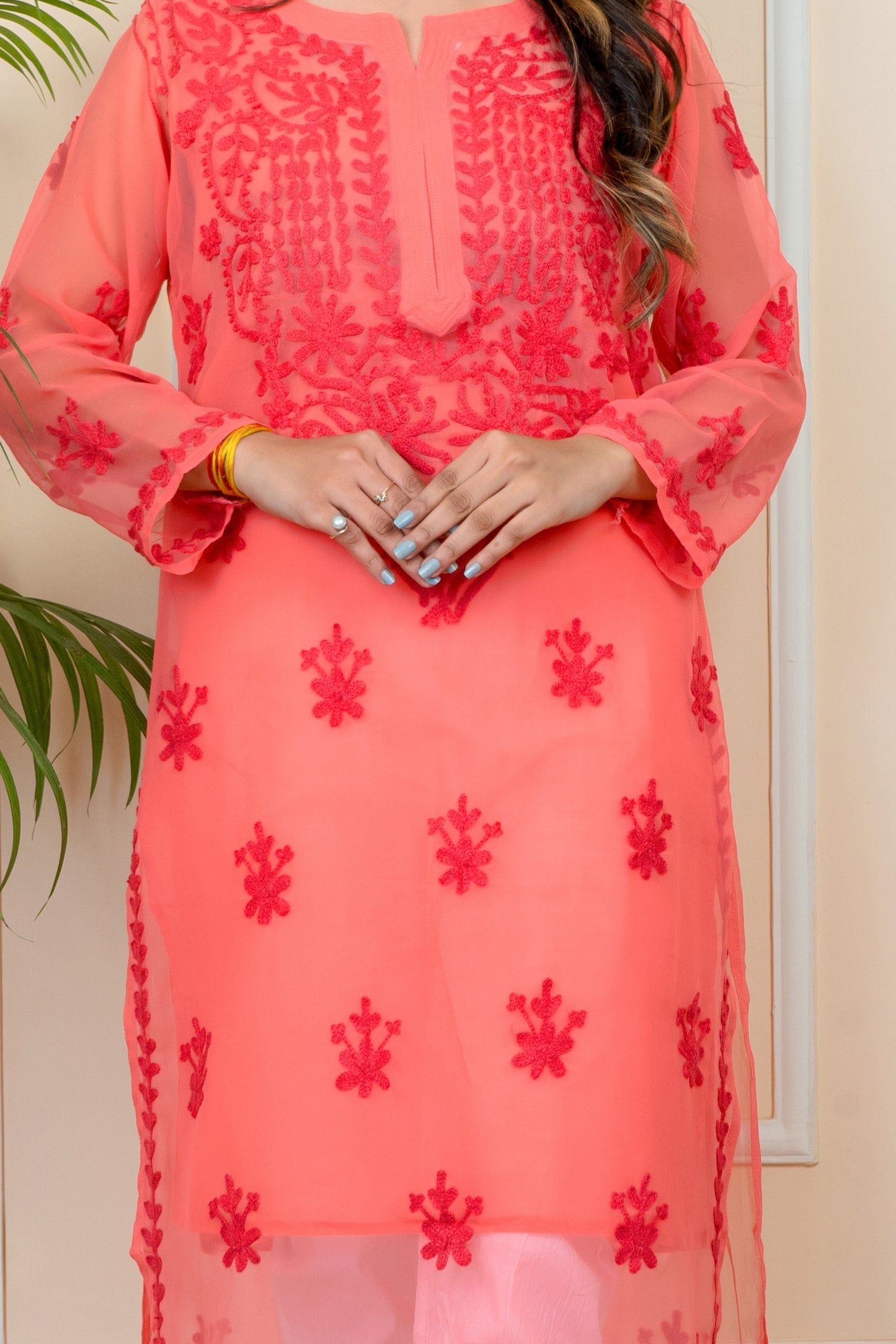 Lucknowi Chikankari & Kashmiri Aari Work Gala Booti ( PEACH ) Kurti – A Blend of Tradition & Elegance