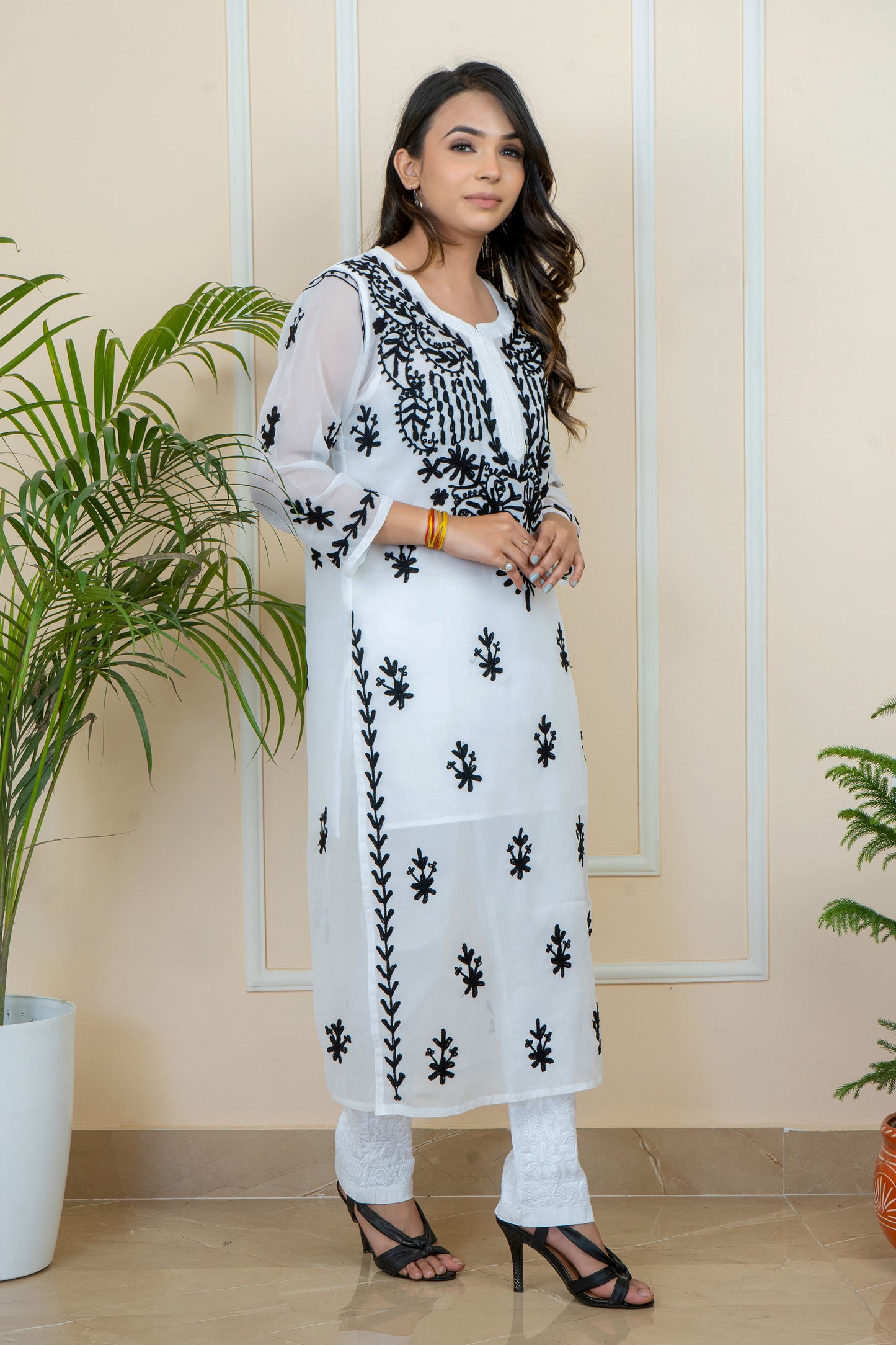 Lucknowi Chikankari & Kashmiri Aari Work Gala Booti (colour chart) Kurti – A Blend of Tradition & Elegance