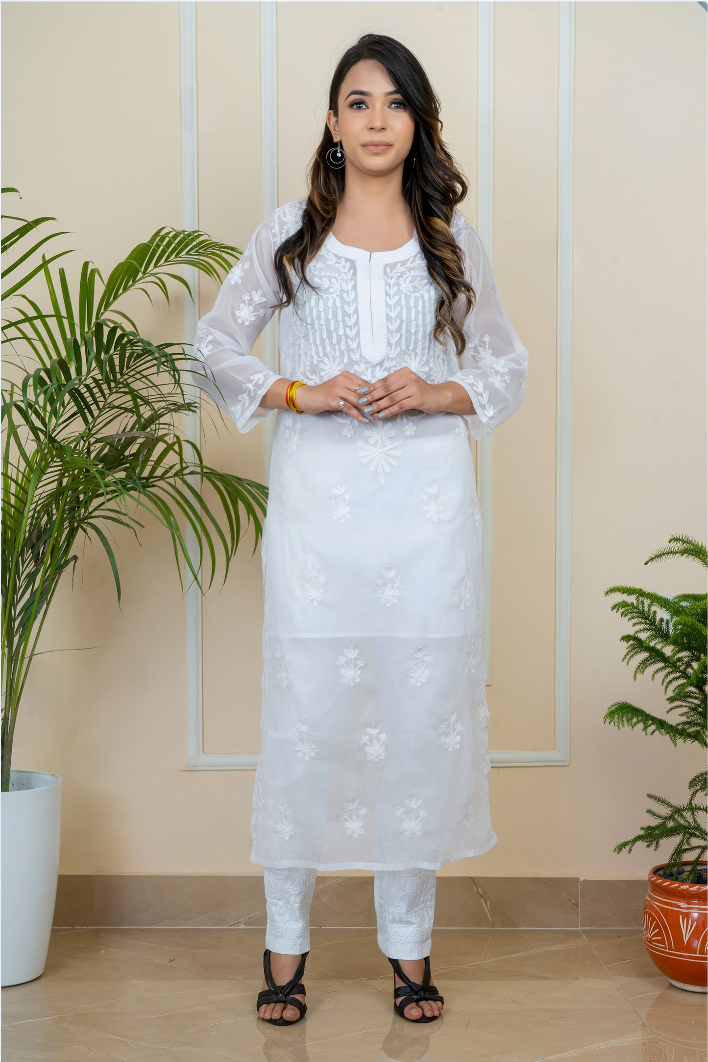 Lucknowi Chikankari & Kashmiri Aari Work Gala Booti Kurti with Chikankari Pant Set(Color Chart)