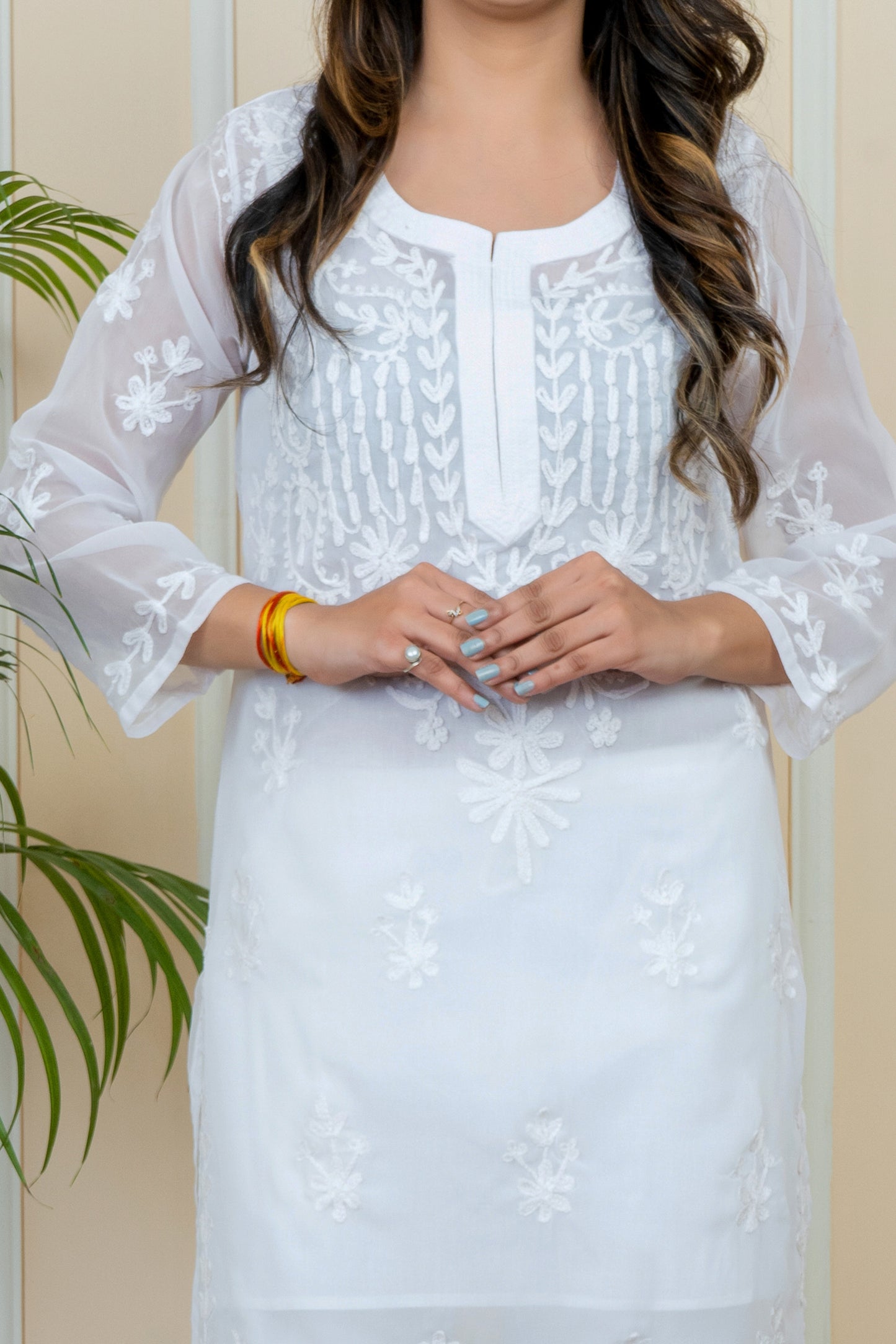 Lucknowi Chikankari & Kashmiri Aari Work Gala Booti Kurti with Chikankari Pant Set(Color Chart)