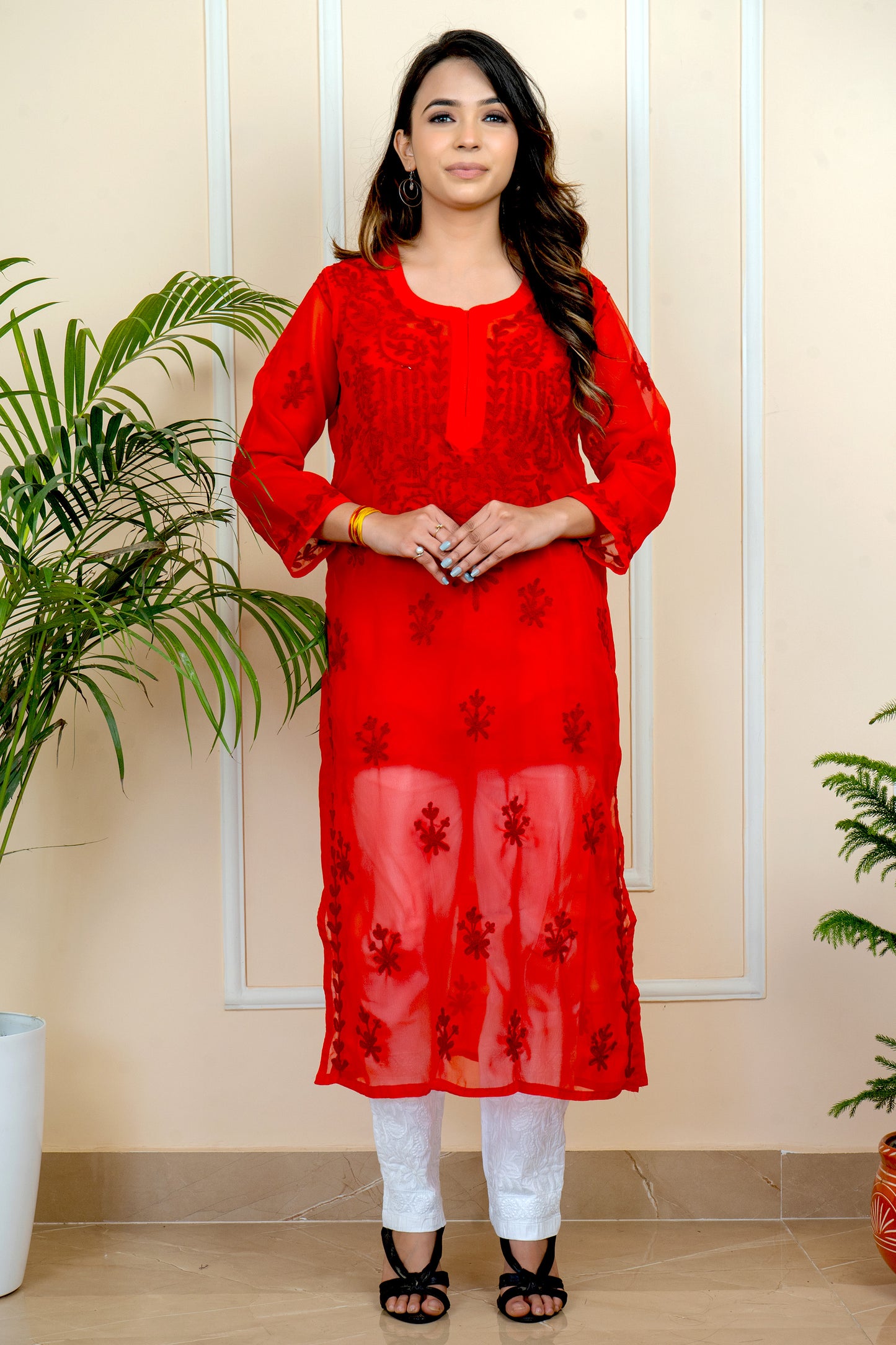 Lucknowi Chikankari & Kashmiri Aari Work Gala Booti Kurti with Chikankari Pant Set(Color Chart)