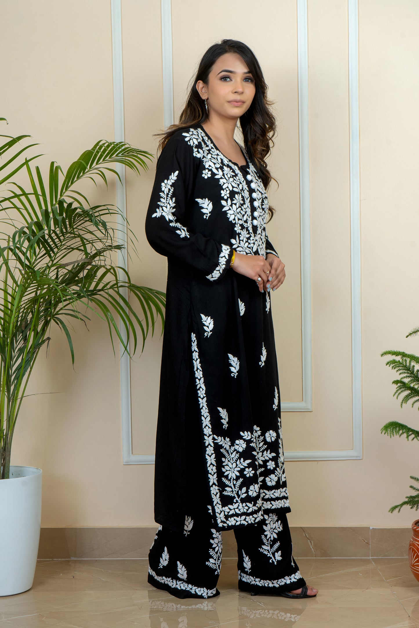 Elegance in Every Stitch Lucknowi Chikankari Modal Black Long Kurti with Matching Palazzo