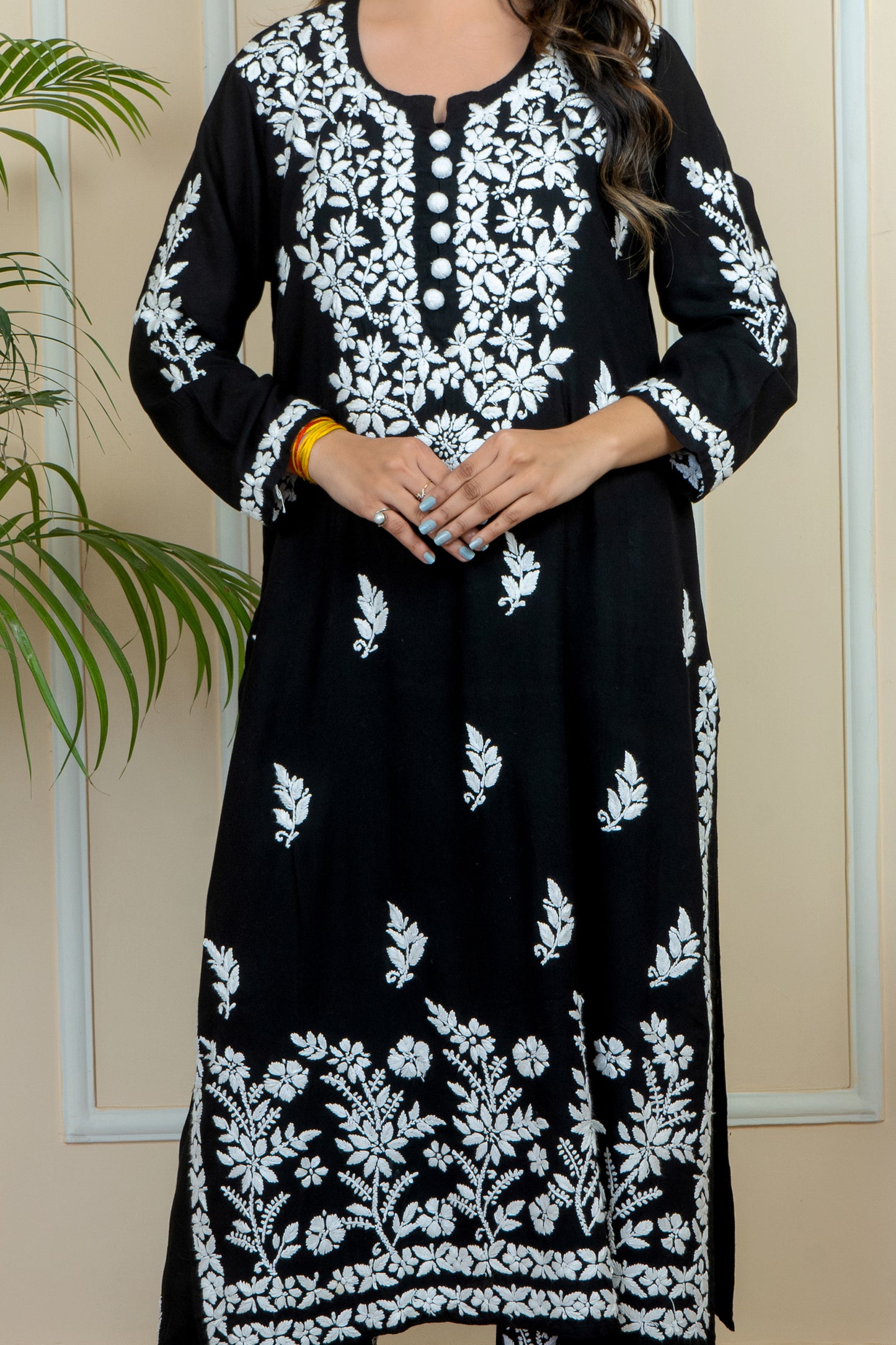 Elegance in Every Stitch Lucknowi Chikankari Modal Black Long Kurti with Matching Palazzo