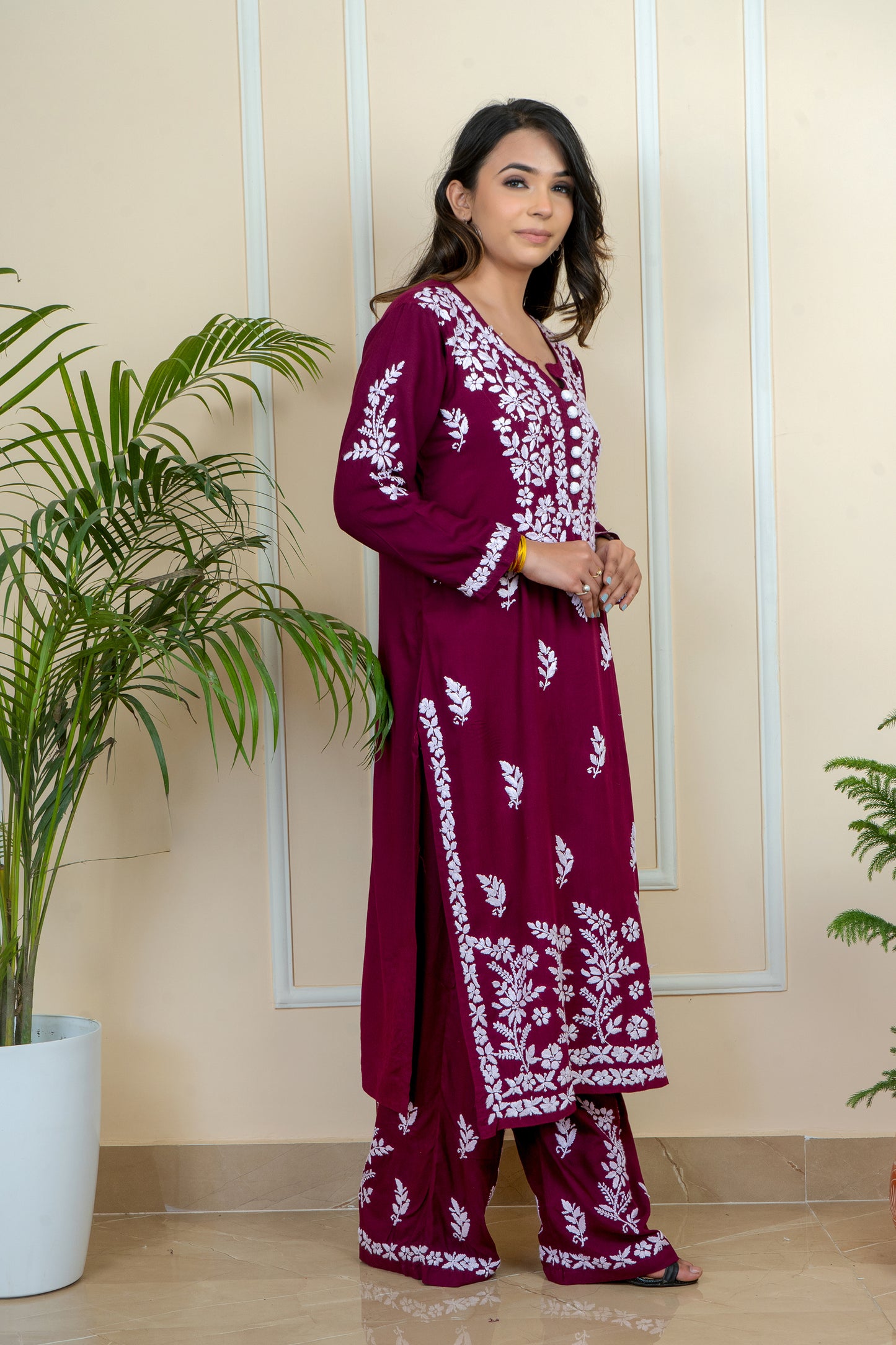Elegance & Comfort Lucknowi Chikankari Handcrafted Modal Long Kurti with Matching Embroidery Palazzo (Color Chart)