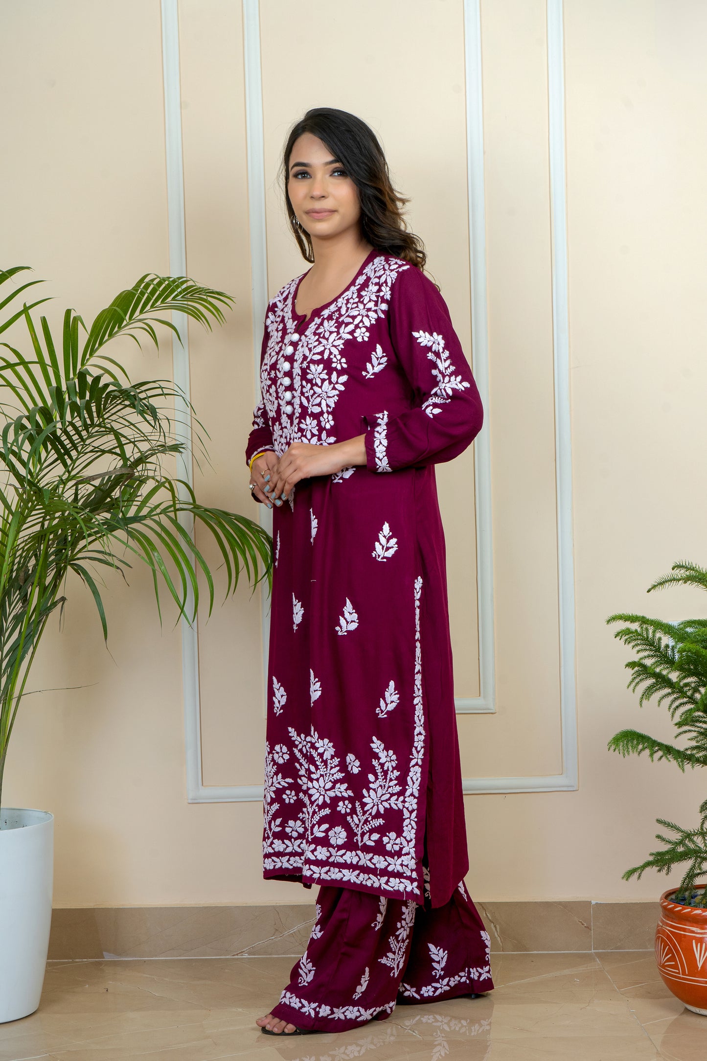 Elegance & Comfort Lucknowi Chikankari Handcrafted Modal Long Kurti with Matching Embroidery Palazzo (Color Chart)