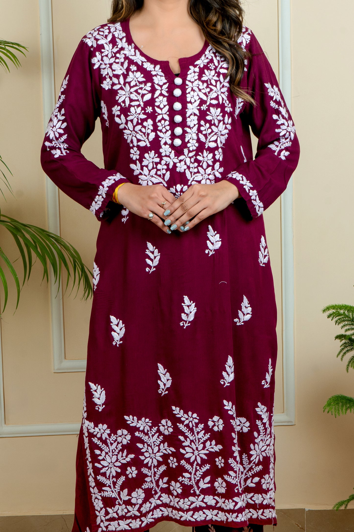 Elegance & Comfort Lucknowi Chikankari Handcrafted Modal Long Kurti with Matching Embroidery Palazzo (Color Chart)