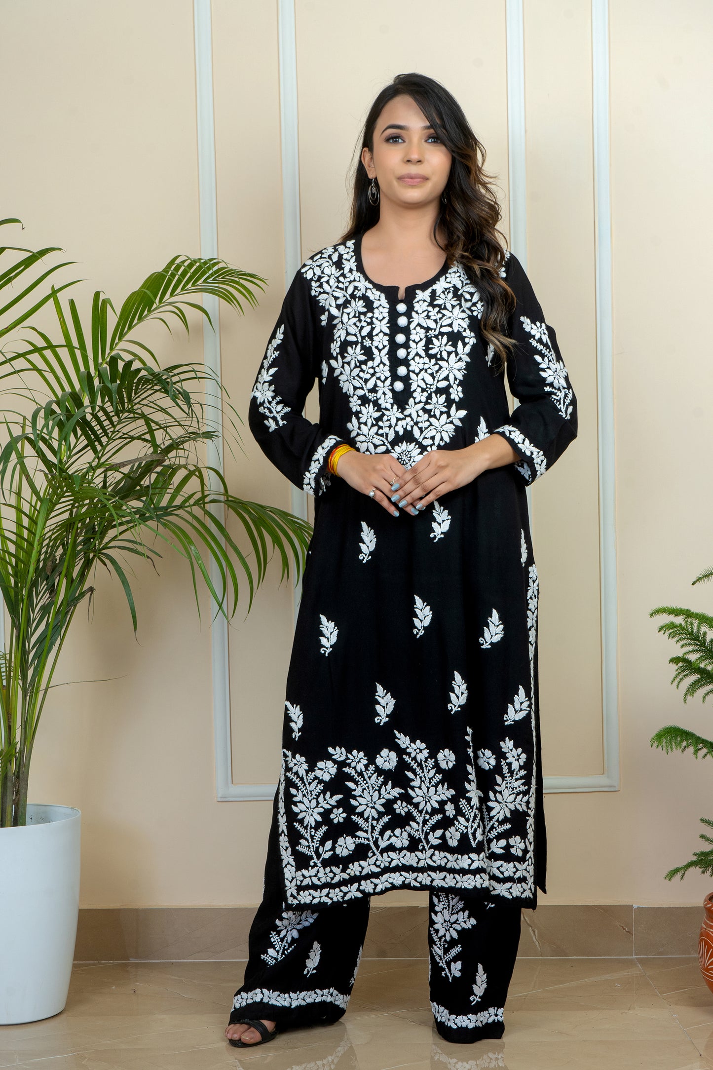Elegance & Comfort Lucknowi Chikankari Handcrafted Modal Long Kurti with Matching Embroidery Palazzo (Color Chart)