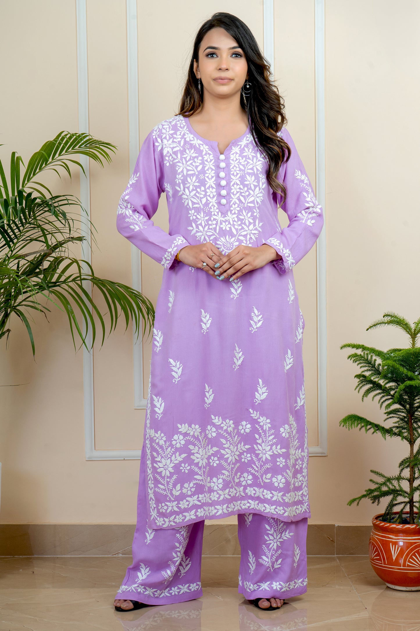 Elegance & Comfort Lucknowi Chikankari Handcrafted Modal Long Kurti with Matching Embroidery Palazzo (Color Chart)