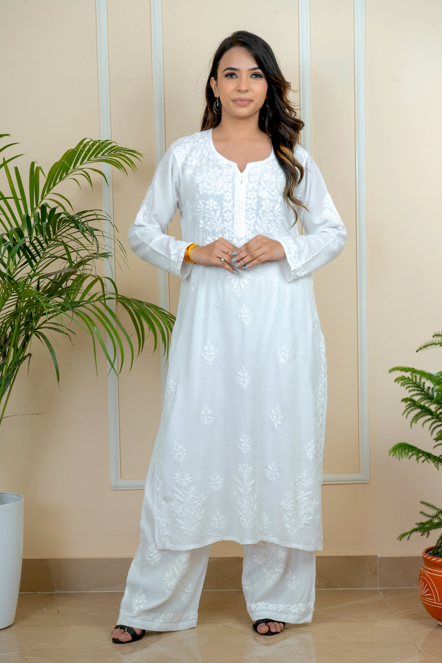 Elegance & Comfort Lucknowi Chikankari Handcrafted Modal Long Kurti with Matching Embroidery Palazzo (Color Chart)