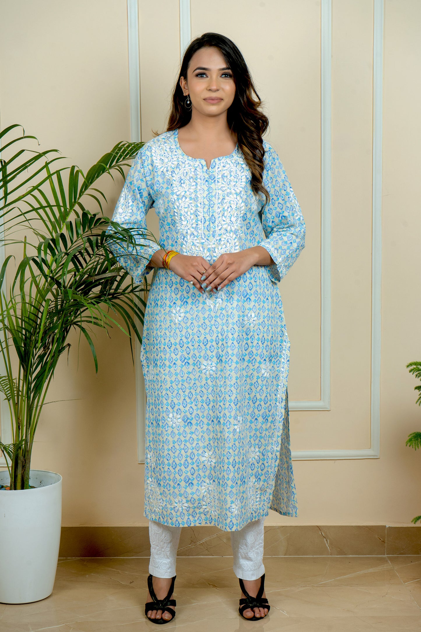 Lucknowi Chikankari Handcrafted Printed Cotton Kurti | ADR Chikan