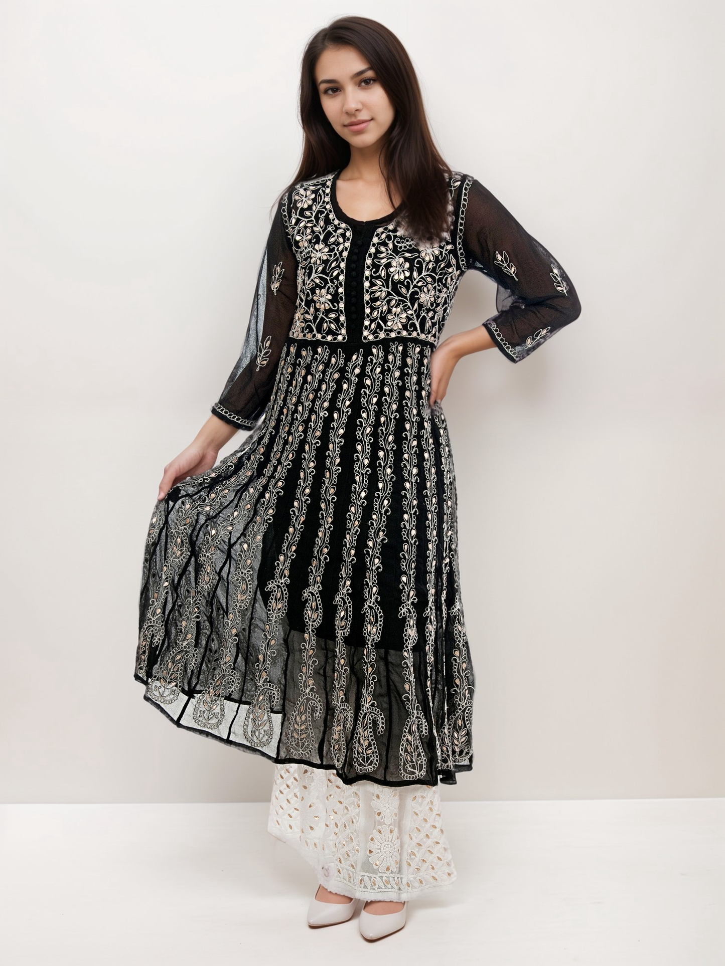 Lucknowi Chikankari Gota Patti Work Anarkali Gown with Gota Patti Sharara Set | ADR Chikan