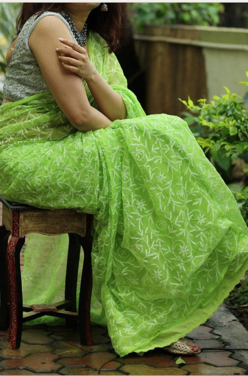 ADR Women's Lucknow Chikankari Tepchi Work Georgette Saree(Color Chart)