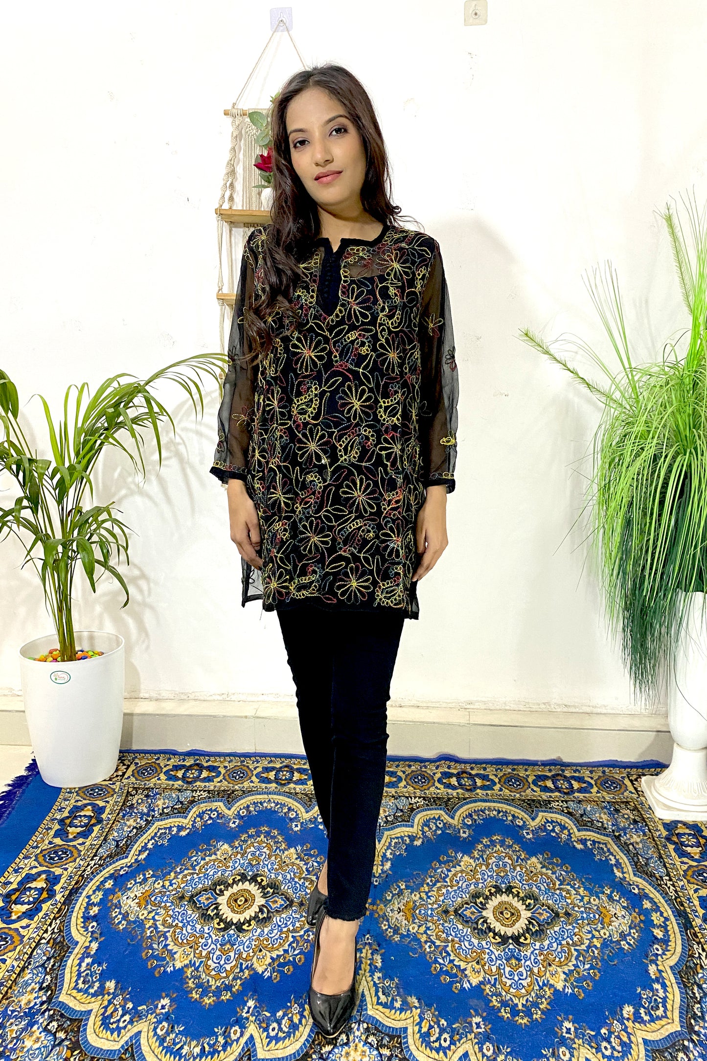 Elegant Lucknowi Chikankari Aari Work Multi Thread Embroidered Short Straight Kurti (COLOR CHART)