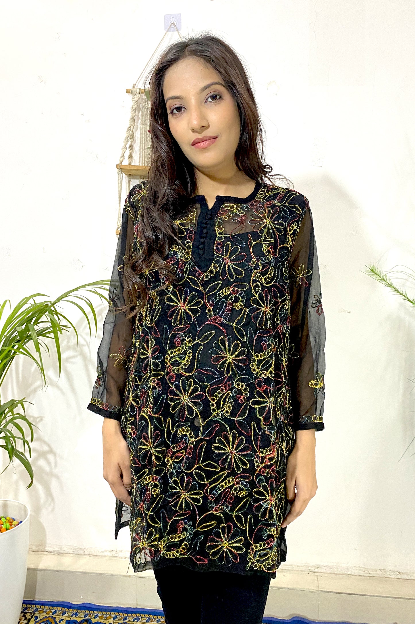 Elegant Lucknowi Chikankari Aari Work Multi Thread Embroidered Short Straight Kurti (COLOR CHART)