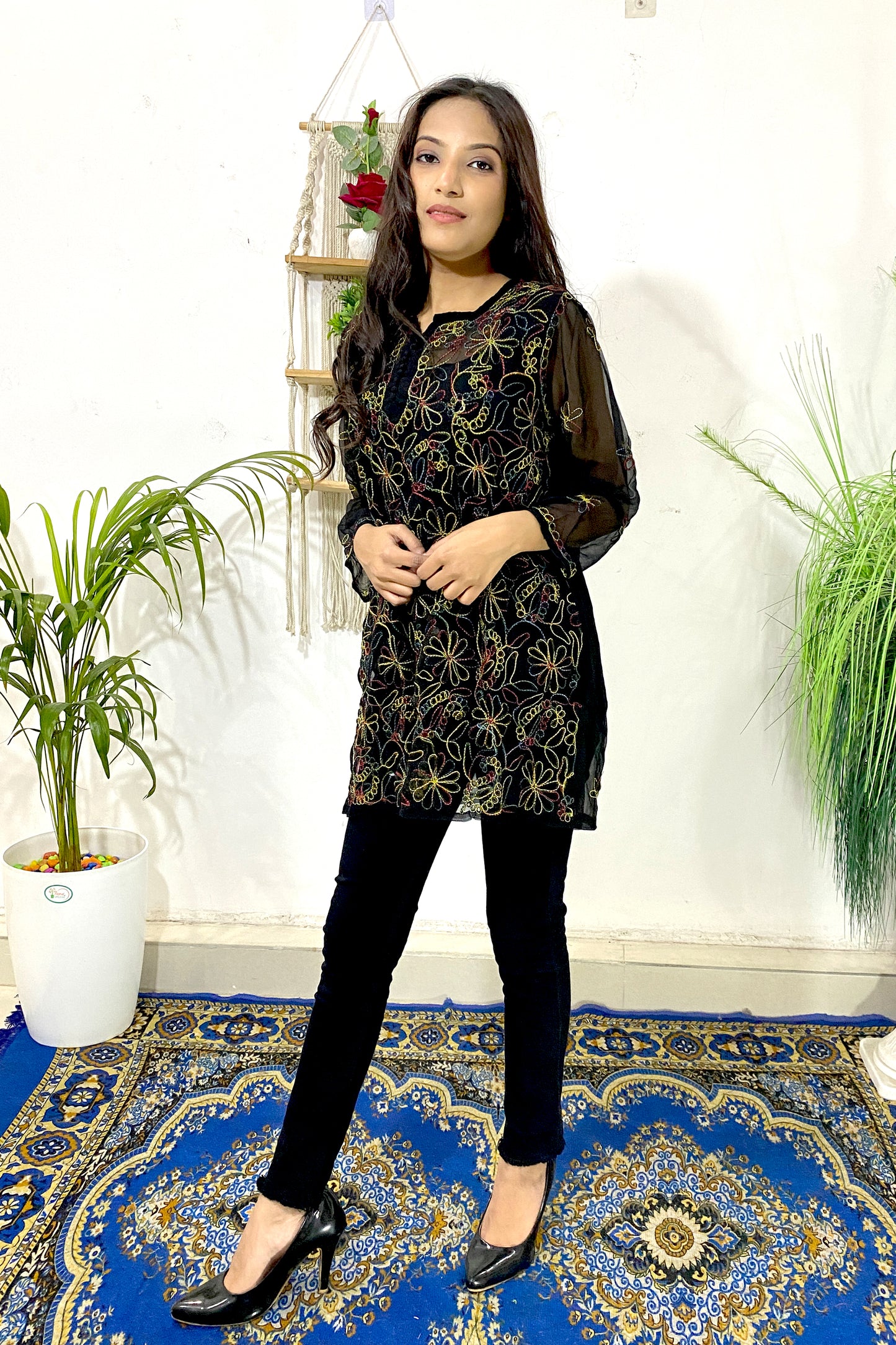 Elegant Lucknowi Chikankari Aari Work Multi Thread Embroidered Short Straight Kurti (COLOR CHART)