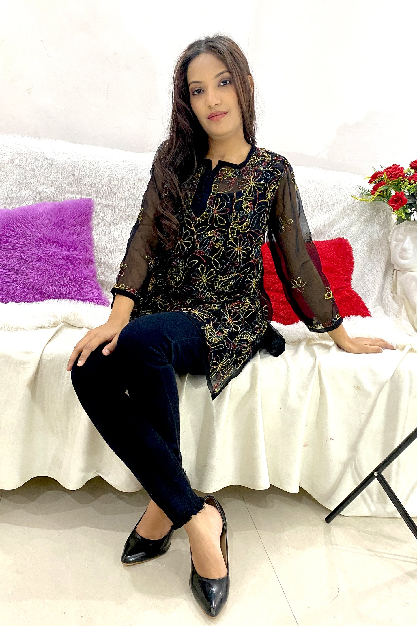 Elegant Lucknowi Chikankari Aari Work Multi Thread Embroidered Short Straight Kurti (COLOR CHART)