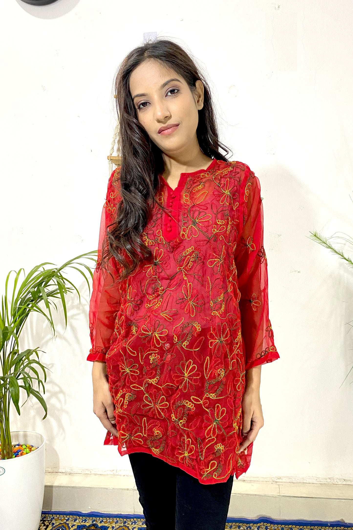 Elegant Lucknowi Chikankari Aari Work Multi Thread Embroidered Short Straight Kurti (COLOR CHART)