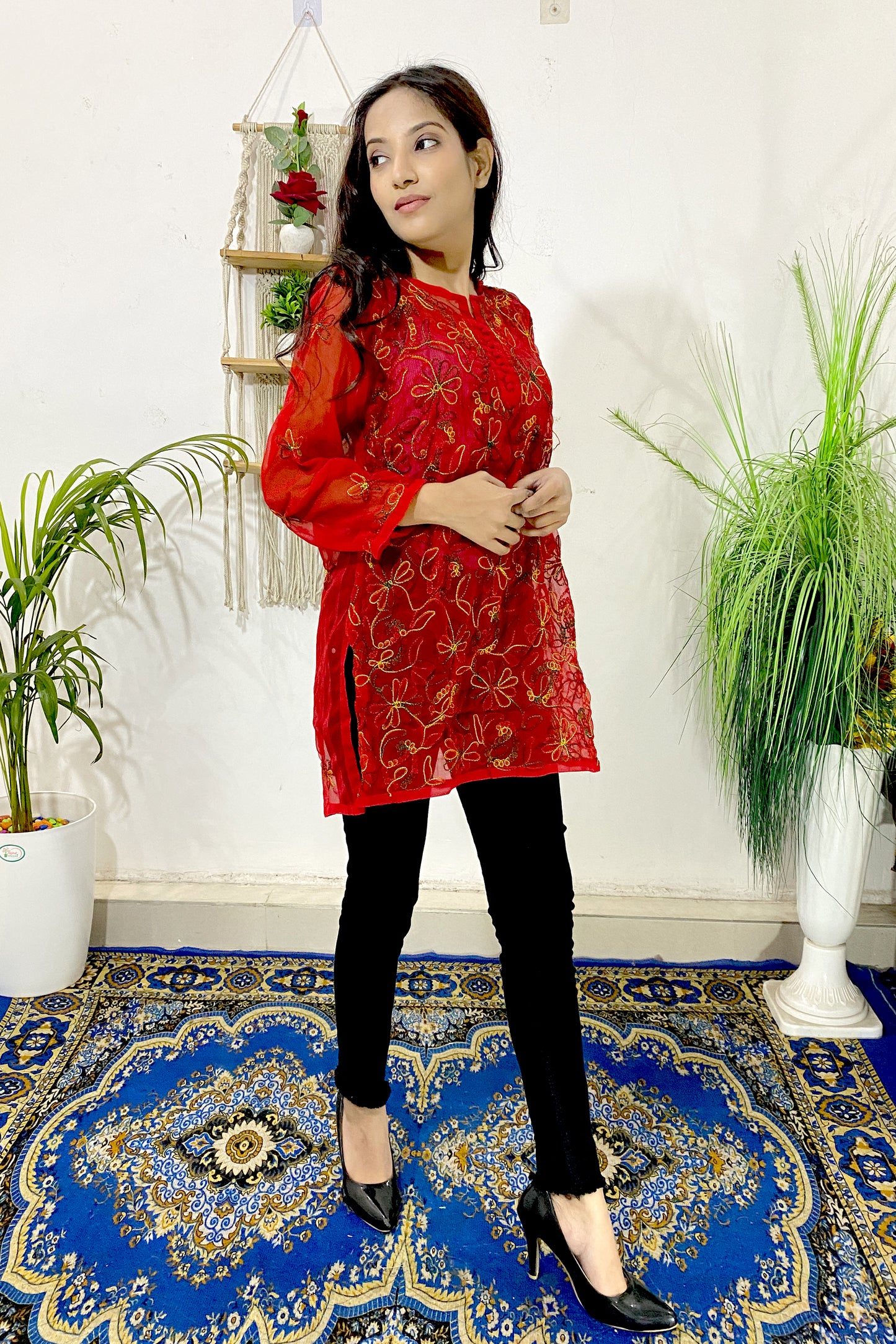 Elegant Lucknowi Chikankari Aari Work Multi Thread Embroidered Short Straight Kurti (COLOR CHART)