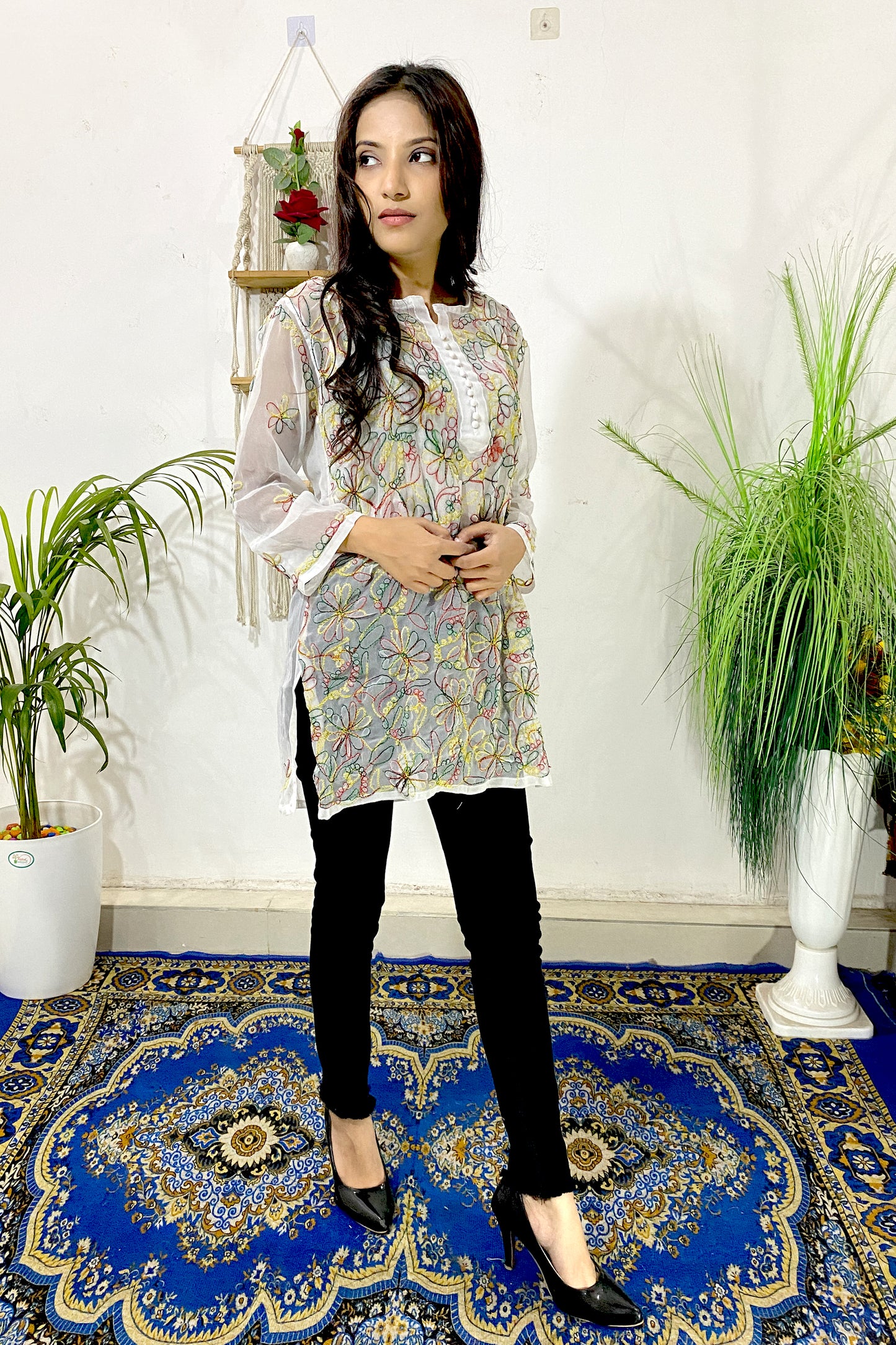Elegant Lucknowi Chikankari Aari Work Multi Thread Embroidered Short Straight Kurti (COLOR CHART)
