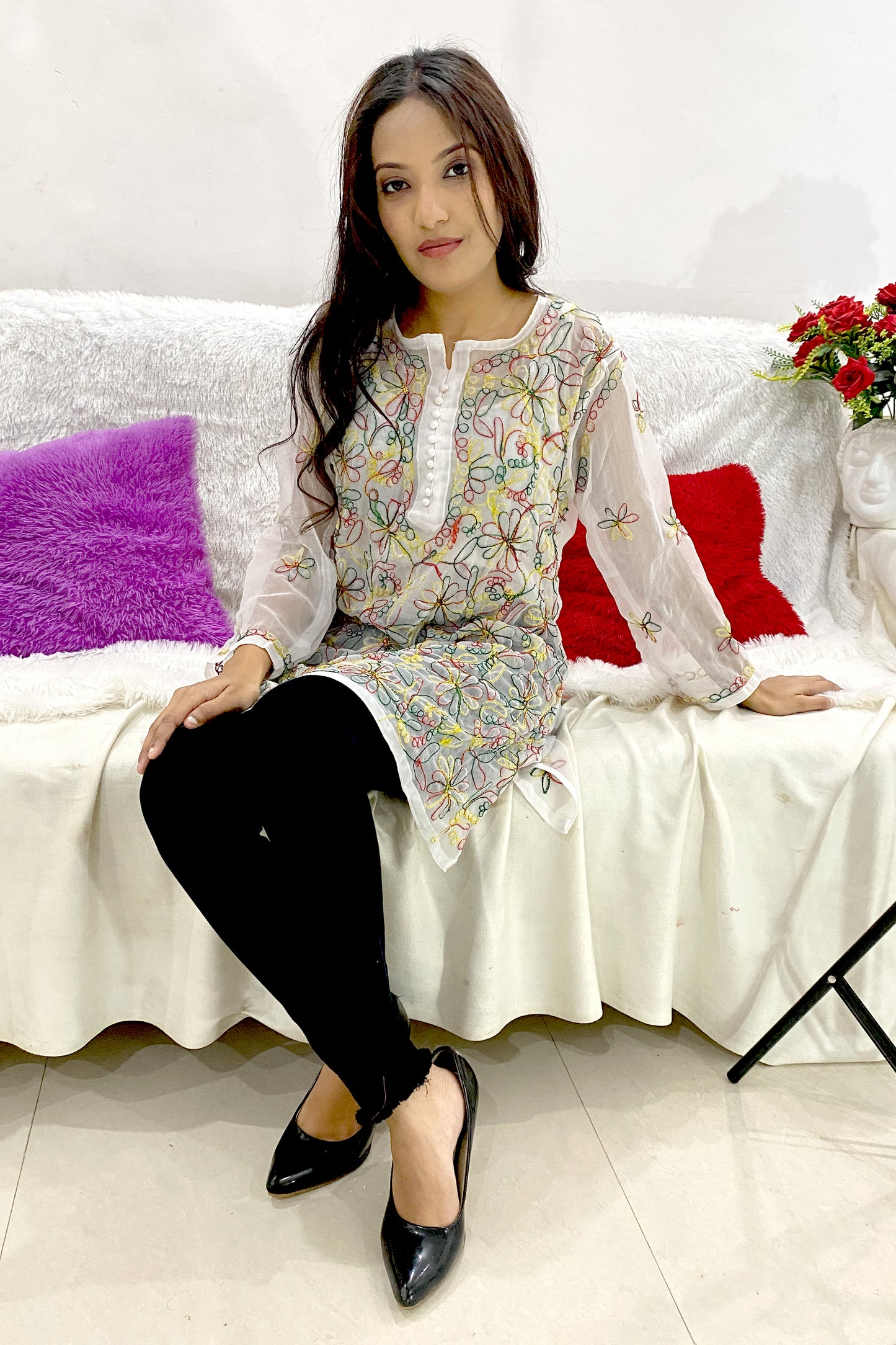 Elegant Lucknowi Chikankari Aari Work Multi Thread Embroidered Short Straight Kurti (COLOR CHART)