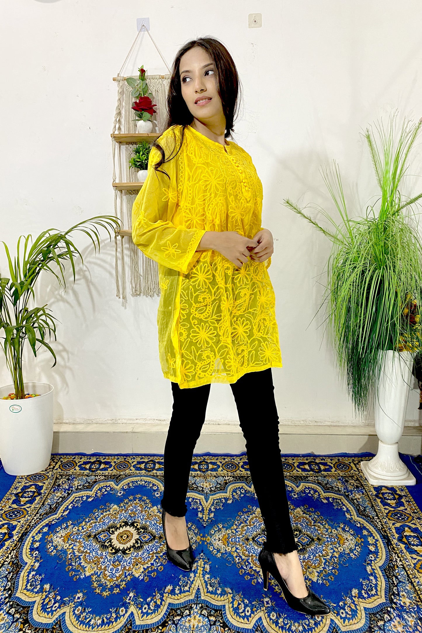 Elegant Lucknowi Chikankari Aari Work Embroidered Short Straight Kurti