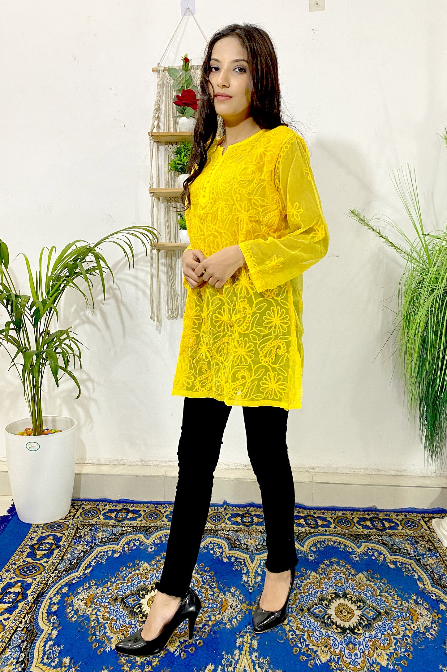 Elegant Lucknowi Chikankari Aari Work Embroidered Short Straight Kurti