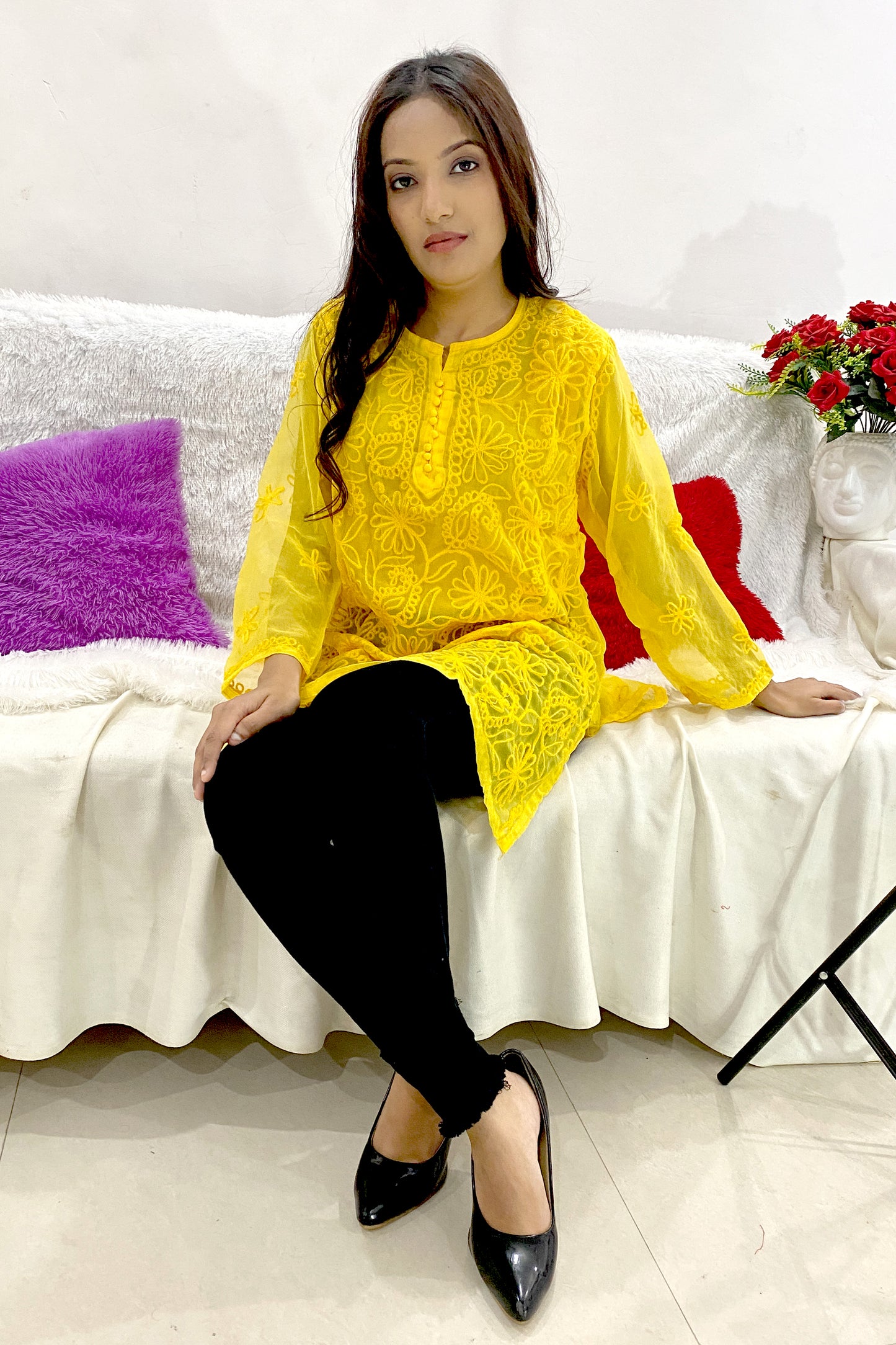 Elegant Lucknowi Chikankari Aari Work Embroidered Short Straight Kurti
