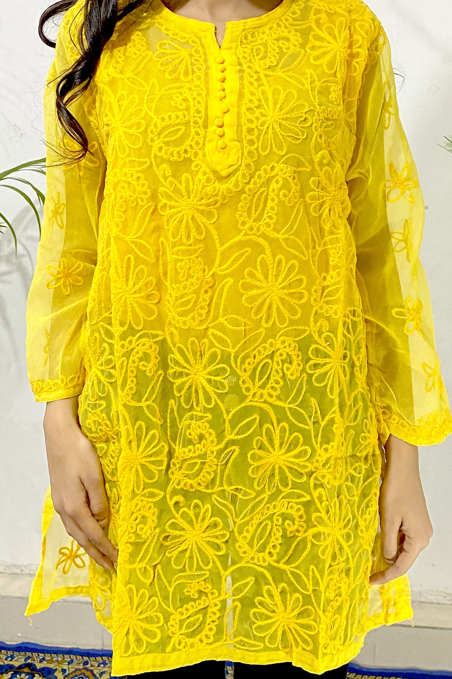 Elegant Lucknowi Chikankari Aari Work Embroidered Short Straight Kurti