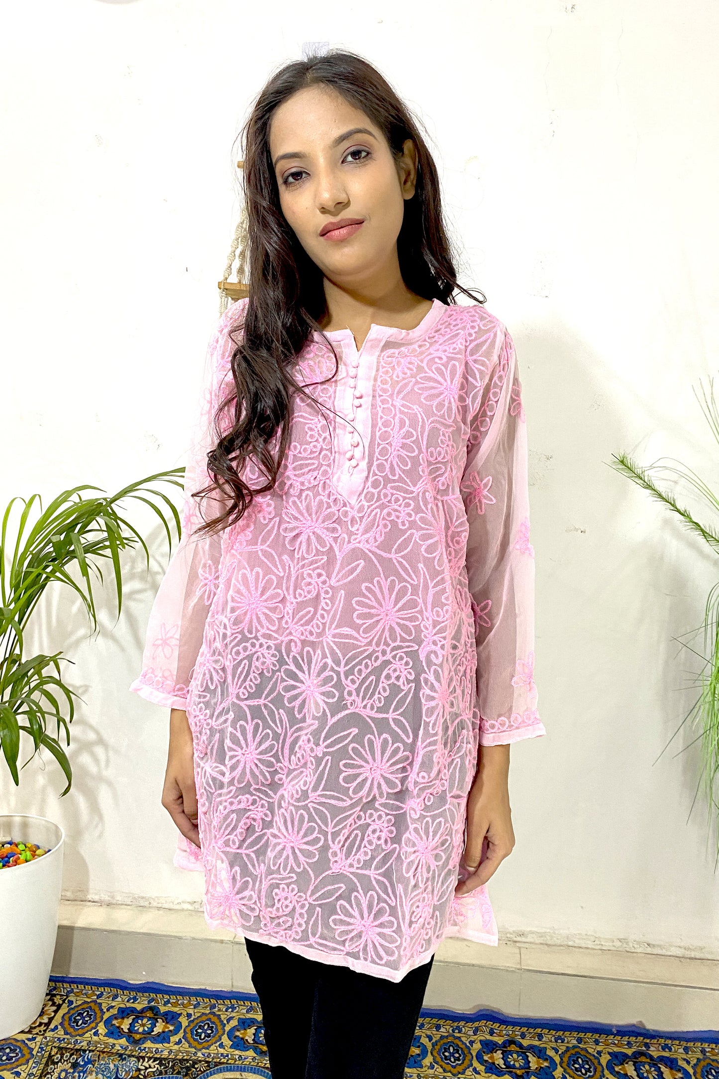 Elegant Lucknowi Chikankari Aari Work Embroidered Short Straight Kurti