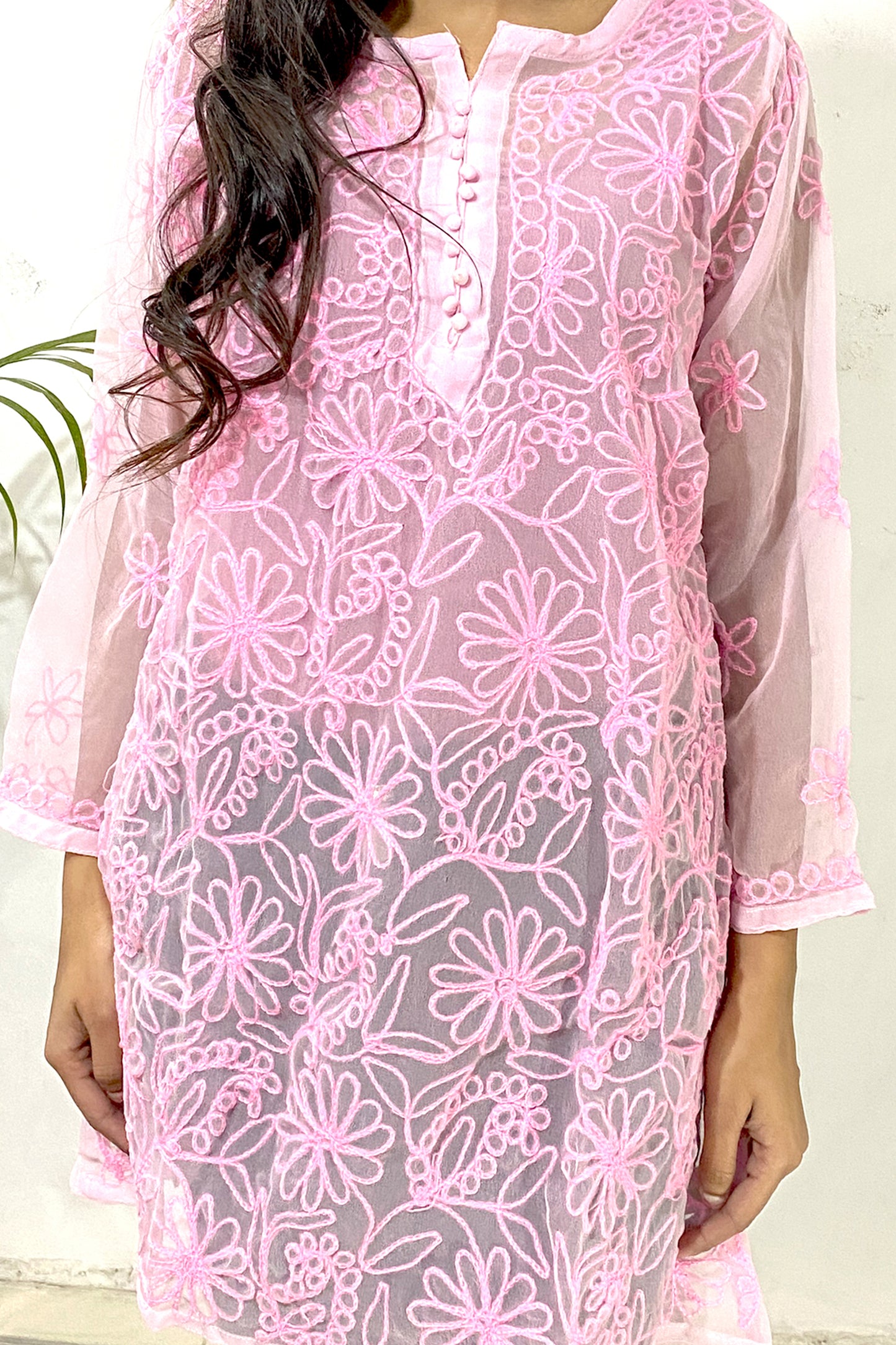 Elegant Lucknowi Chikankari Aari Work Embroidered Short Straight Kurti
