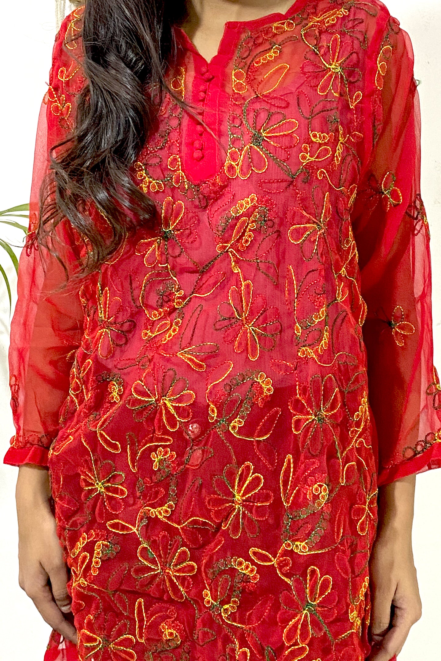 Elegant Lucknowi Chikankari Aari Work Multi Thread Embroidered Short Straight Kurti (COLOR CHART)