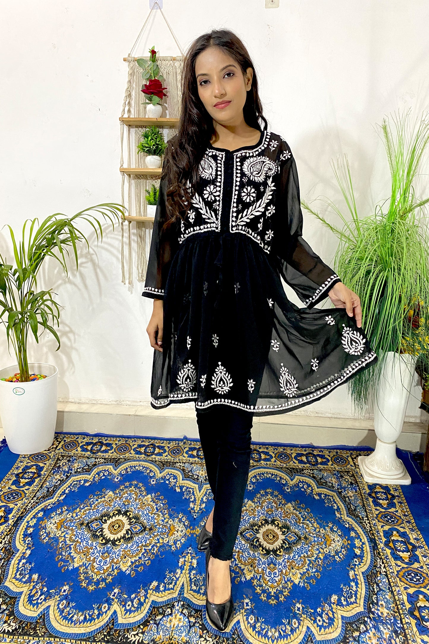 Lucknowi Chikankari Short Gown Frock Style Handwork Kurti By ADR Chikan (COLOR CHART)