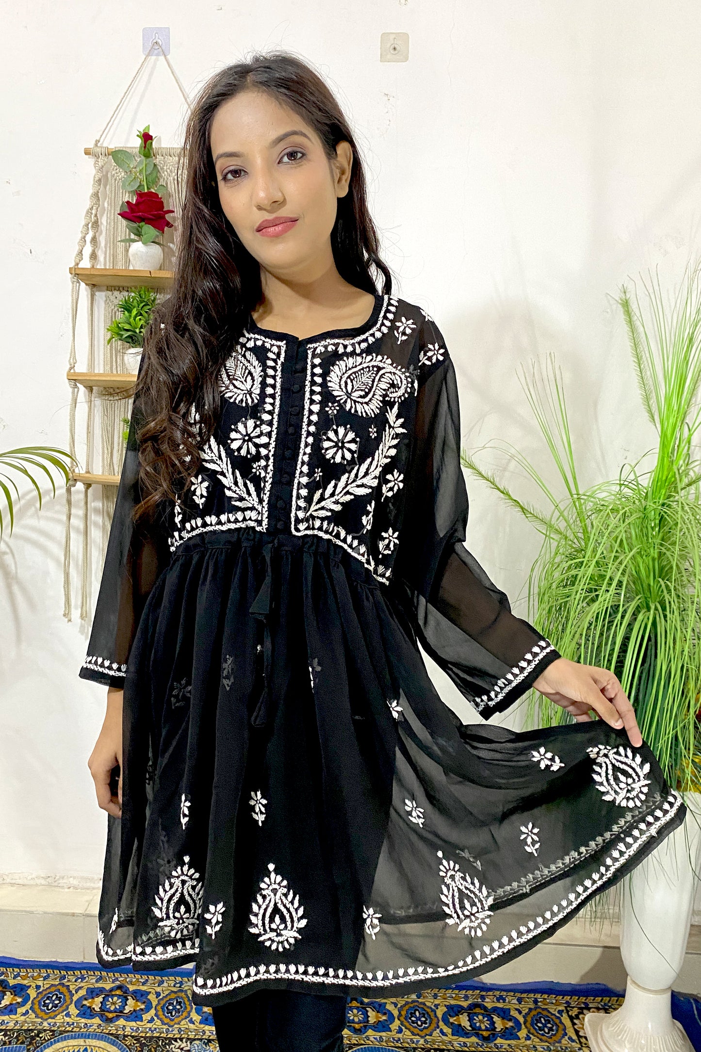 Lucknowi Chikankari Short Gown Frock Style Handwork Kurti By ADR Chikan (COLOR CHART)
