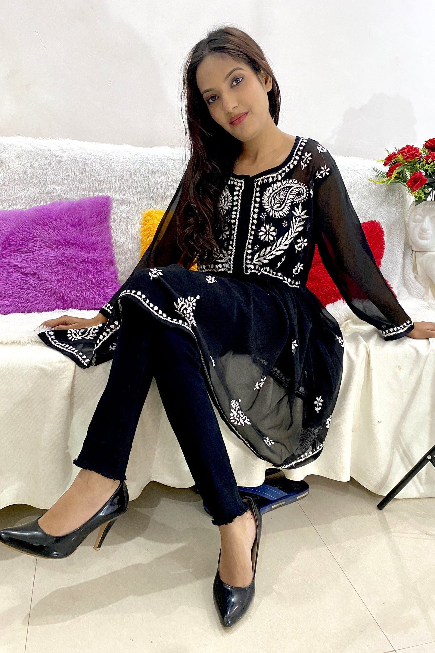 Lucknowi Chikankari Short Gown Frock Style Handwork Kurti By ADR Chikan (COLOR CHART)