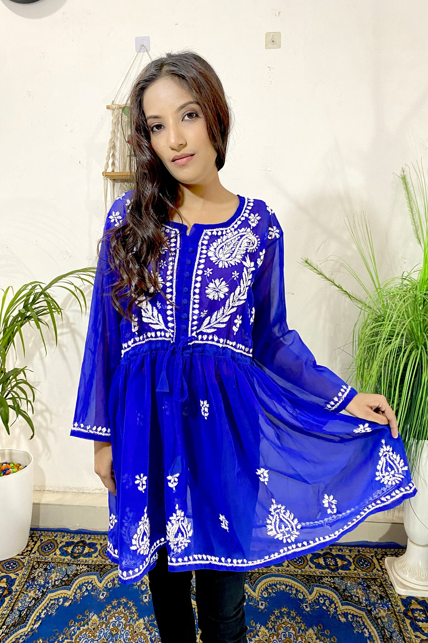 Lucknowi Chikankari Short Gown Frock Style Handwork Kurti By ADR Chikan (COLOR CHART)