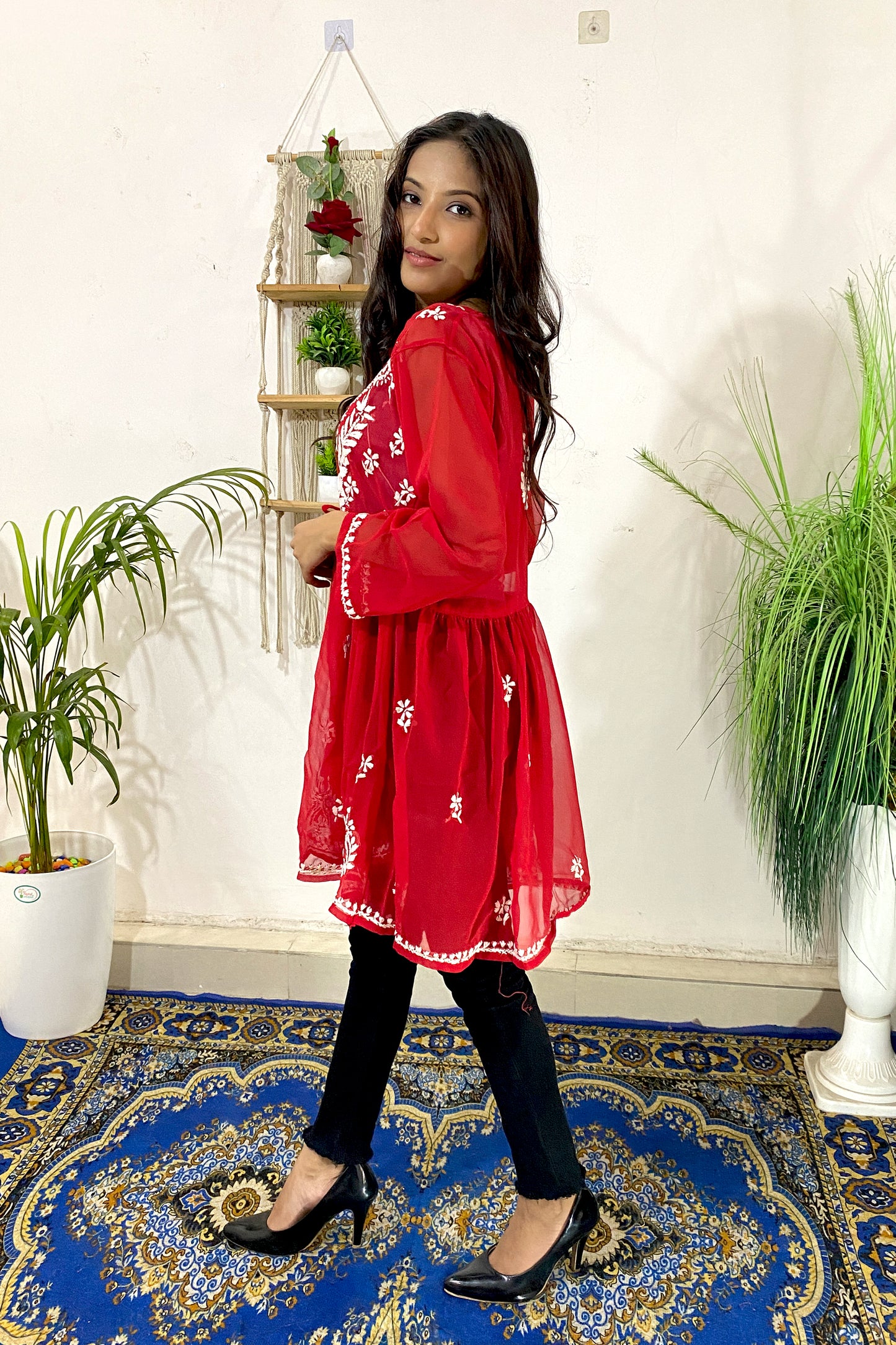 Lucknowi Chikankari Short Gown Frock Style Handwork Kurti By ADR Chikan (COLOR CHART)