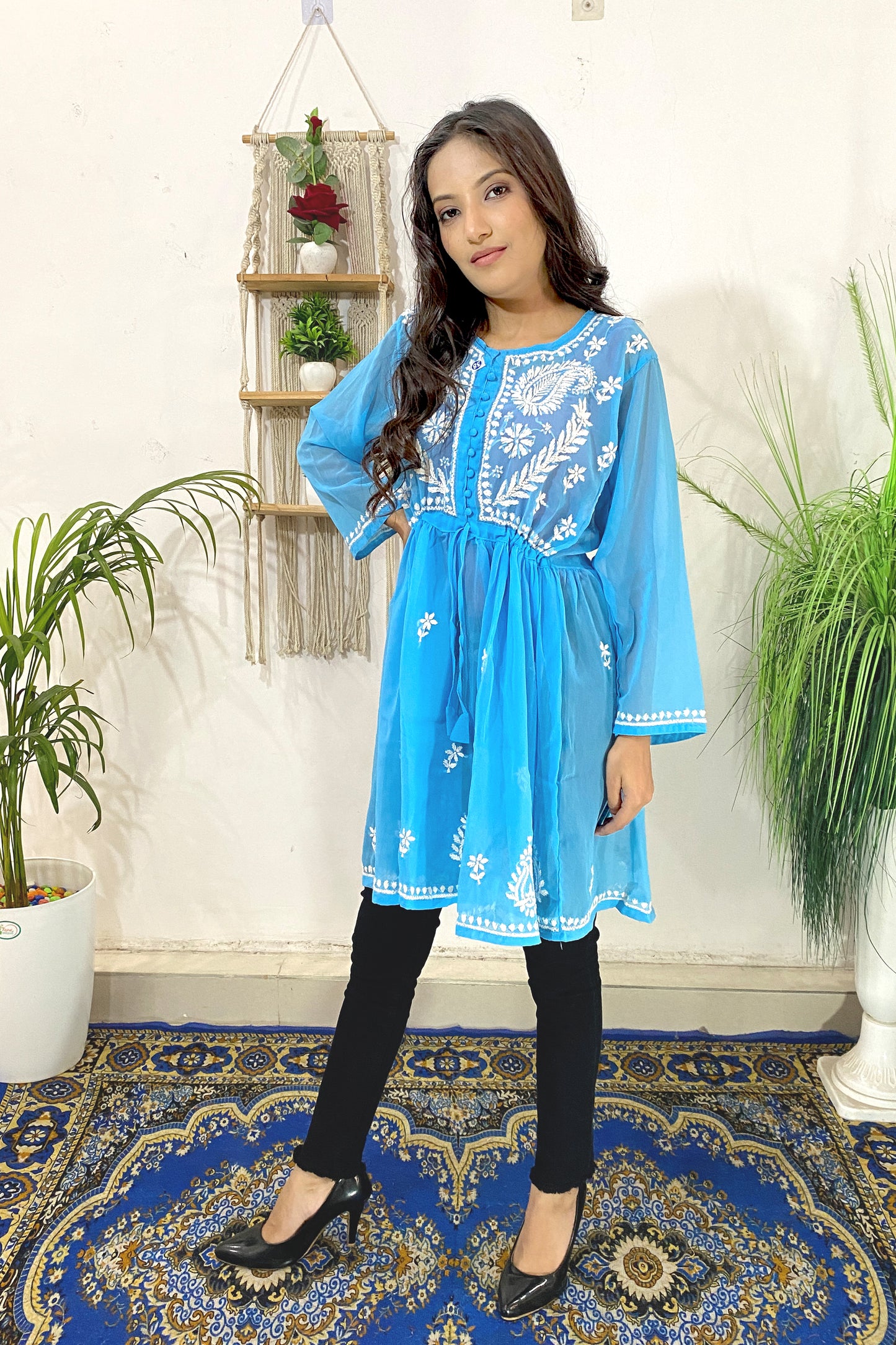 Lucknowi Chikankari Short Gown Frock Style Handwork Kurti By ADR Chikan (COLOR CHART)