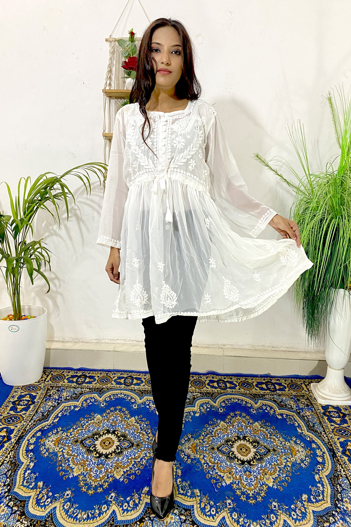 Lucknowi Chikankari Short Gown Frock Style Handwork Kurti By ADR Chikan (COLOR CHART)