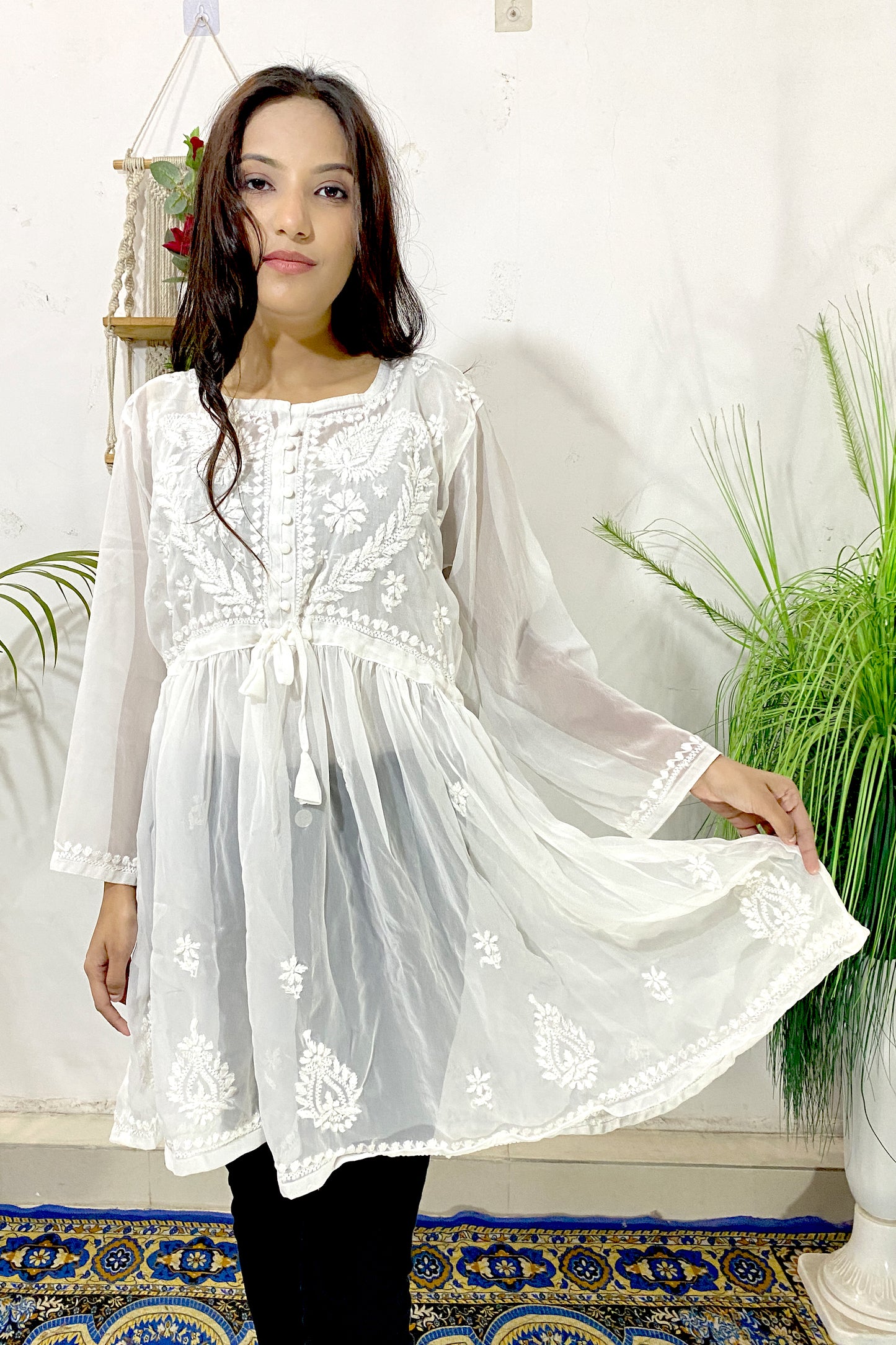 Lucknowi Chikankari Short Gown Frock Style Handwork Kurti By ADR Chikan (COLOR CHART)