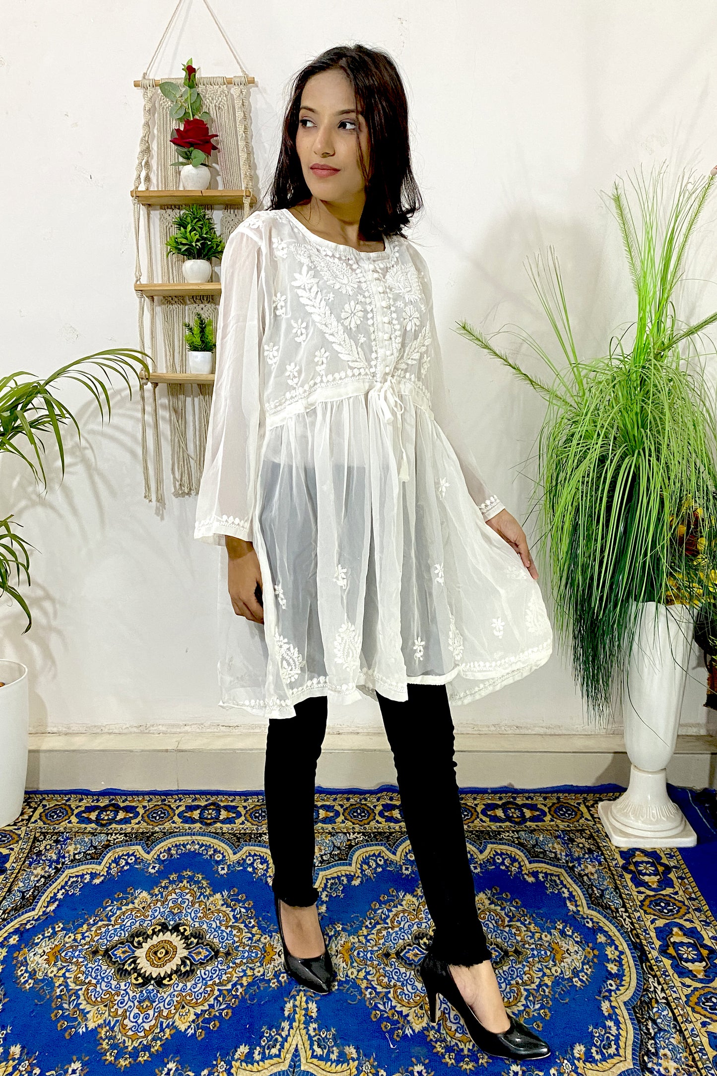 Lucknowi Chikankari Short Gown Frock Style Handwork Kurti By ADR Chikan (COLOR CHART)