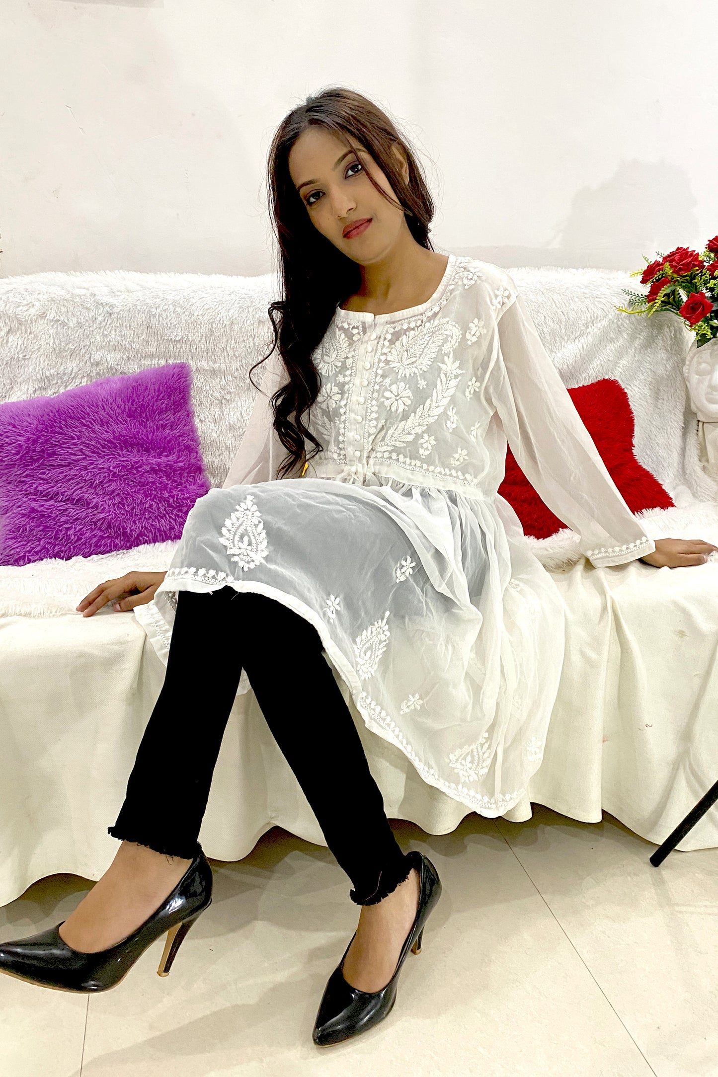 Lucknowi Chikankari Short Gown Frock Style Handwork Kurti By ADR Chikan (COLOR CHART)