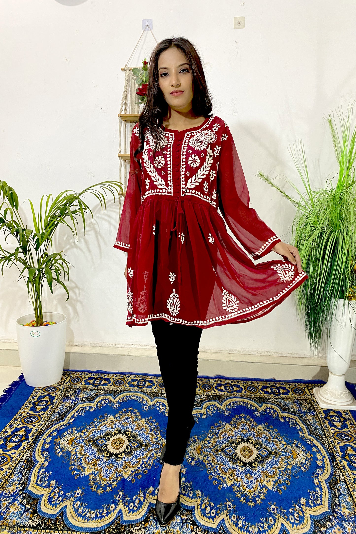 Lucknowi Chikankari Short Gown Frock Style Handwork Kurti By ADR Chikan (COLOR CHART)