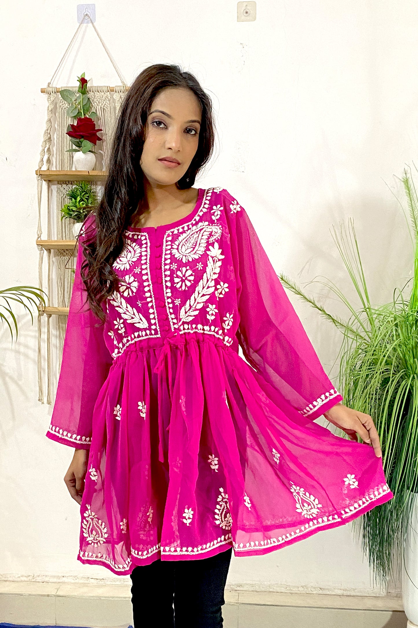 Lucknowi Chikankari Short Gown Frock Style Handwork Kurti By ADR Chikan (COLOR CHART)
