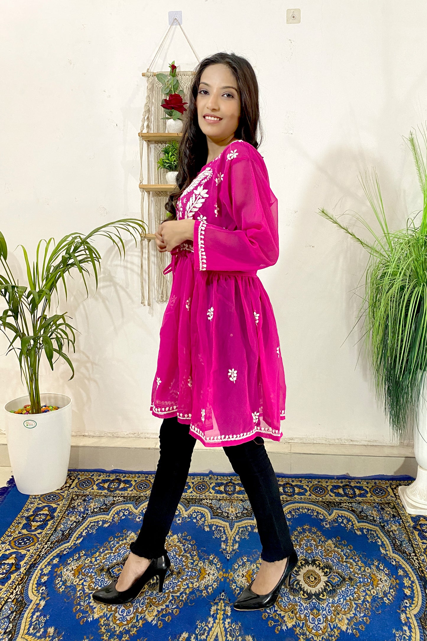 Lucknowi Chikankari Short Gown Frock Style Handwork Kurti By ADR Chikan (COLOR CHART)