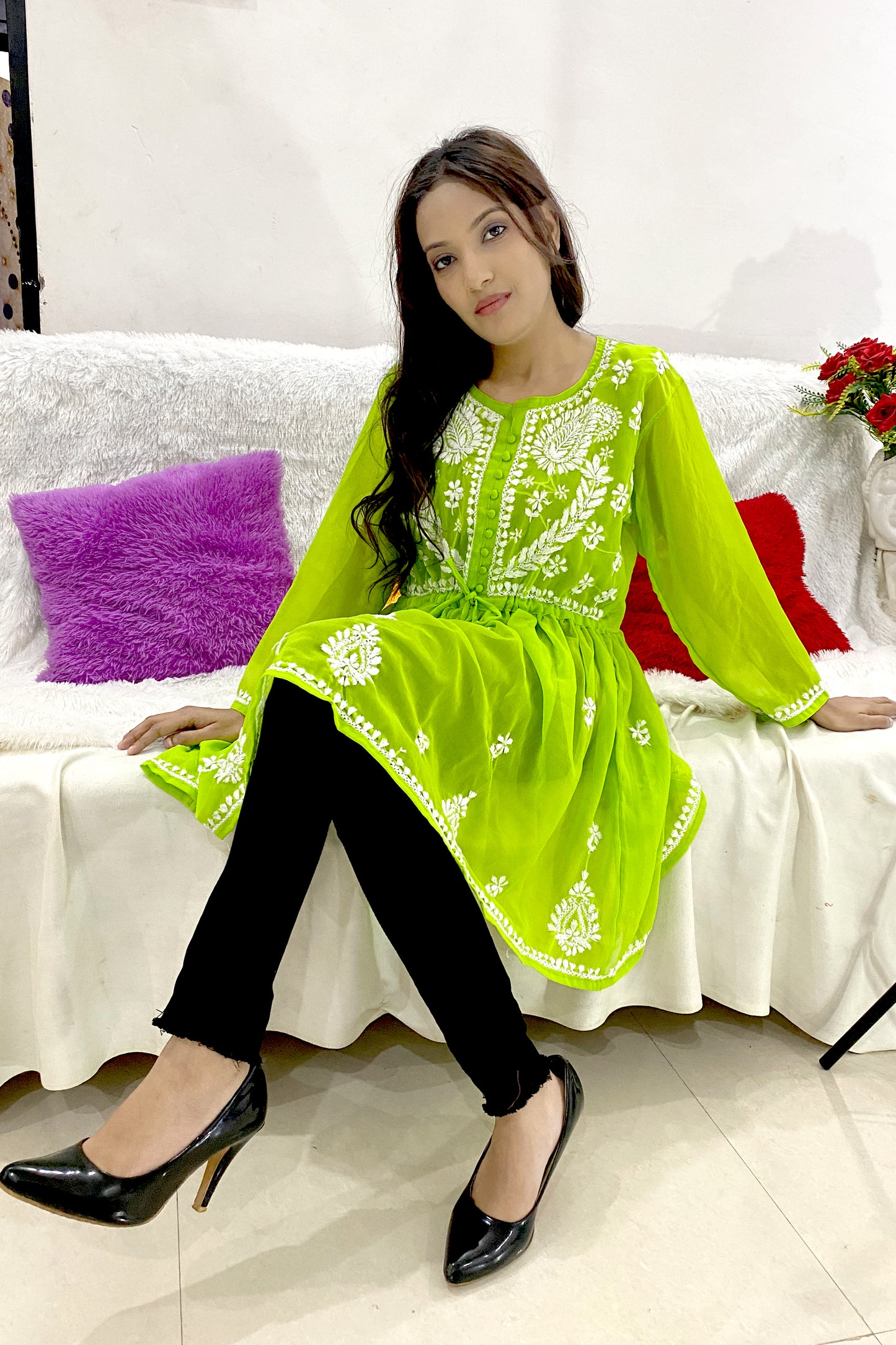 Lucknowi Chikankari Short Gown Frock Style Handwork Kurti By ADR Chikan (COLOR CHART)