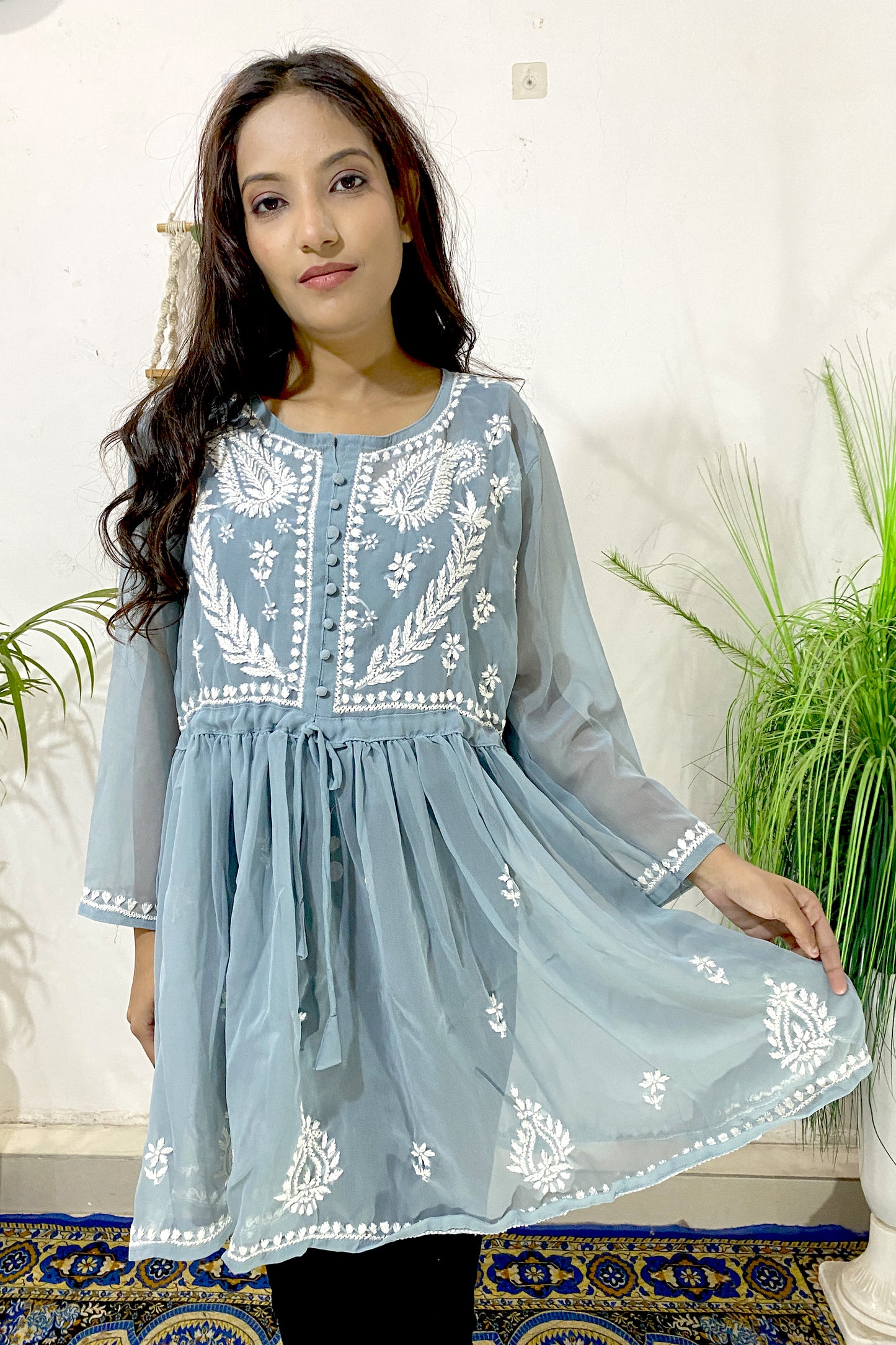 Lucknowi Chikankari Short Gown Frock Style Handwork Kurti By ADR Chikan (COLOR CHART)