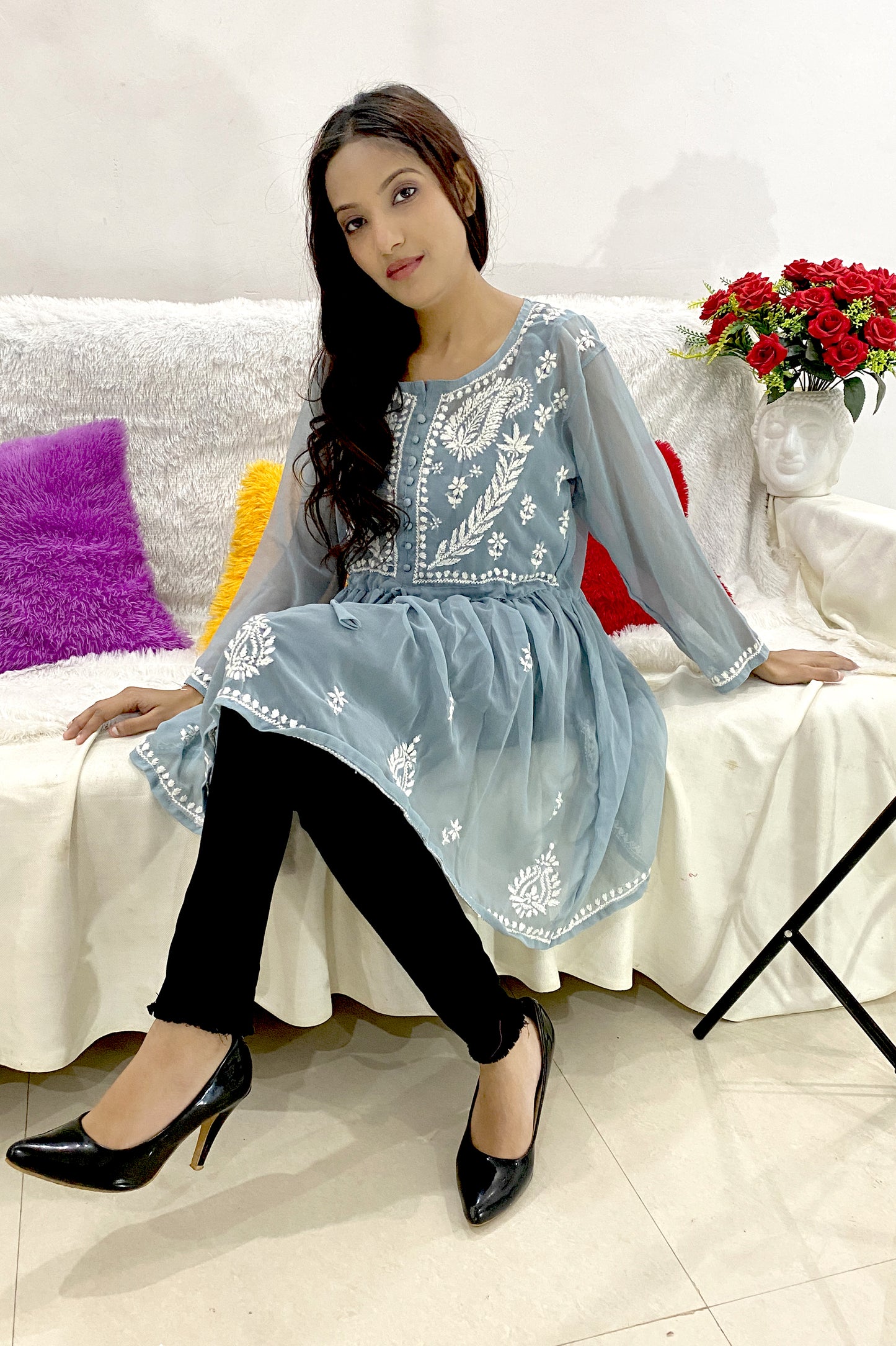 Lucknowi Chikankari Short Gown Frock Style Handwork Kurti By ADR Chikan (COLOR CHART)